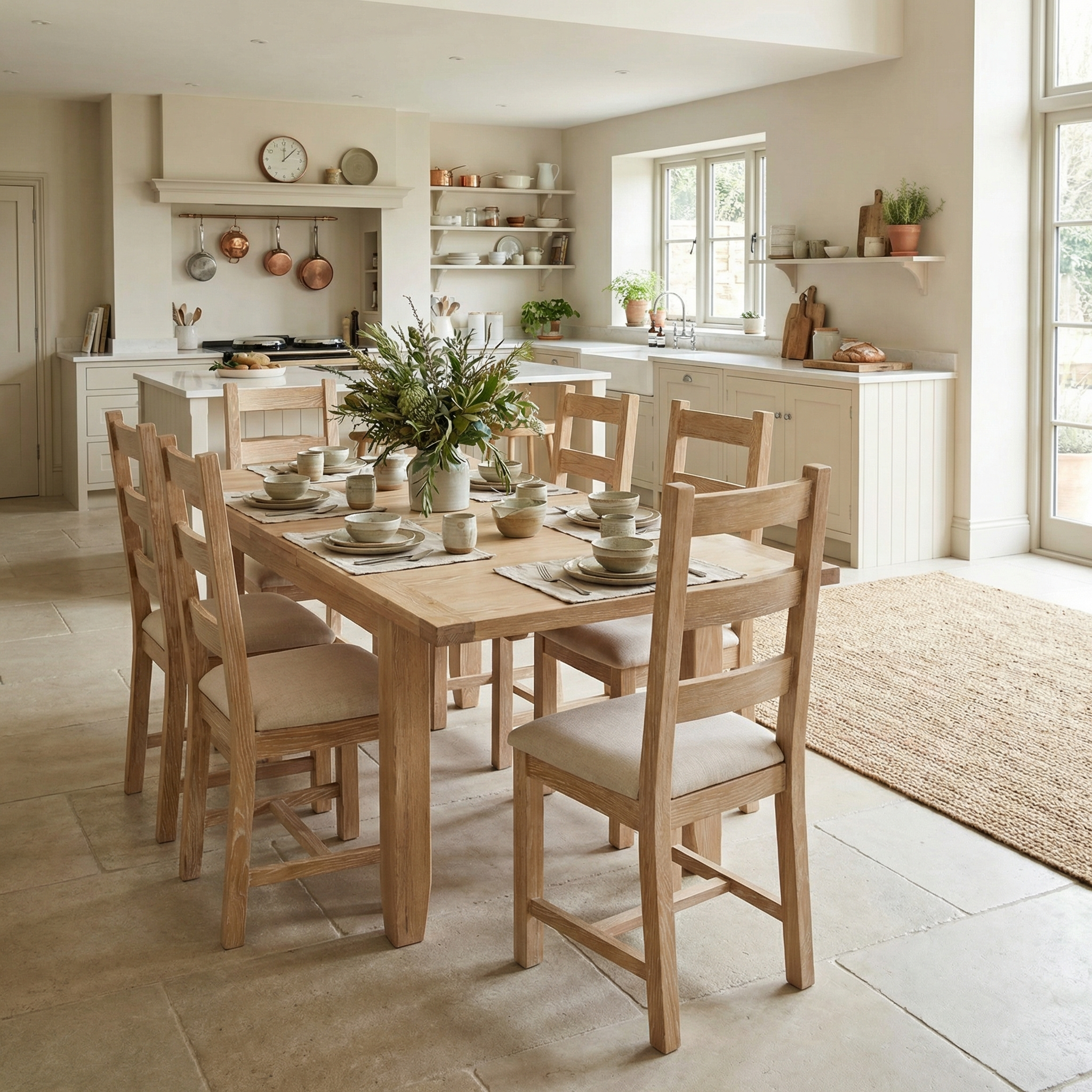 Light-filled kitchen with a Burford 4-6 Seater Extending Dining Table in Natural Oak, matching wooden chairs, and open shelves showcasing dishes and cookware.