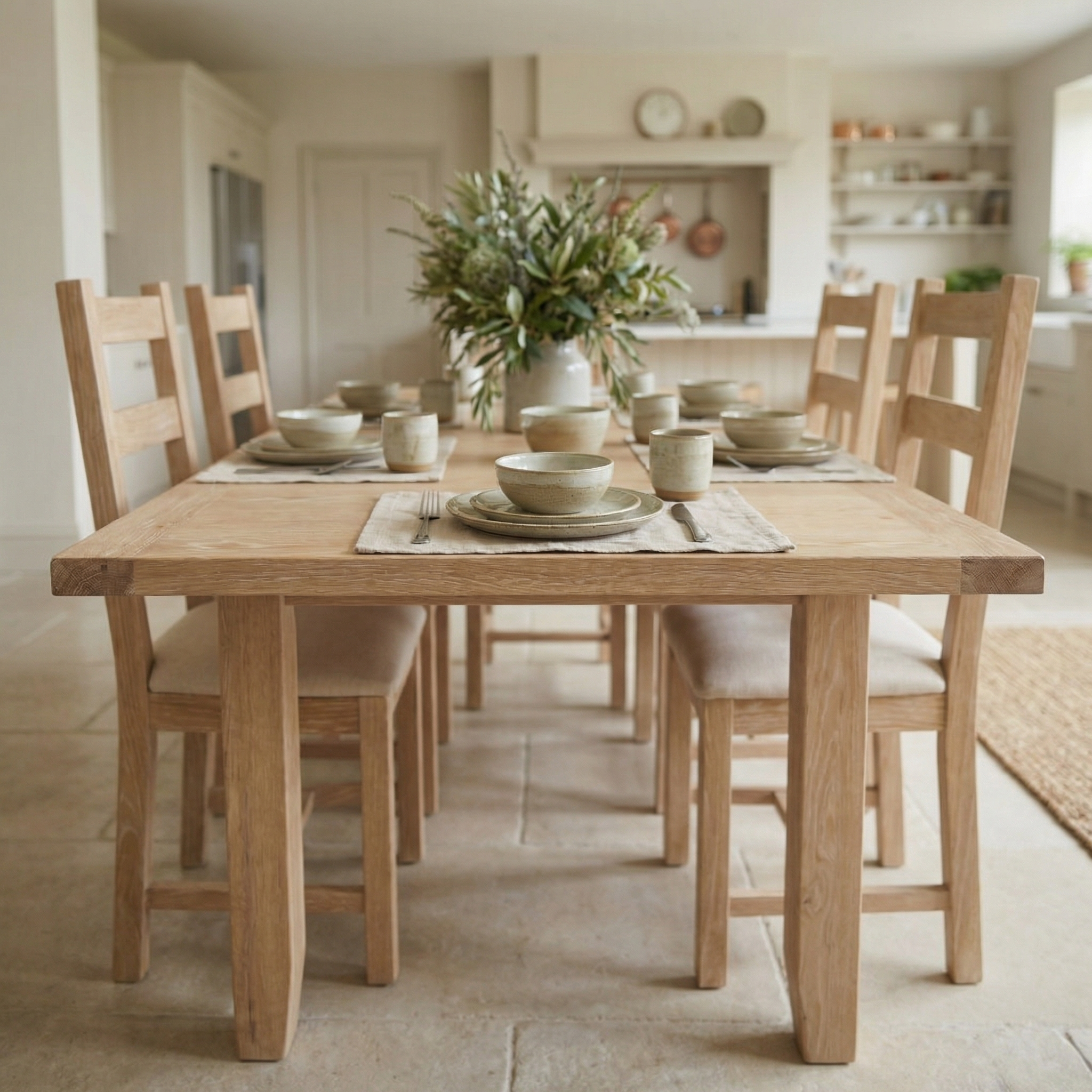 The Burford 4-6 Seater Extending Dining Table in Natural Oak, styled with neutral dishes and a vase of greenery, sits elegantly in a bright kitchen.