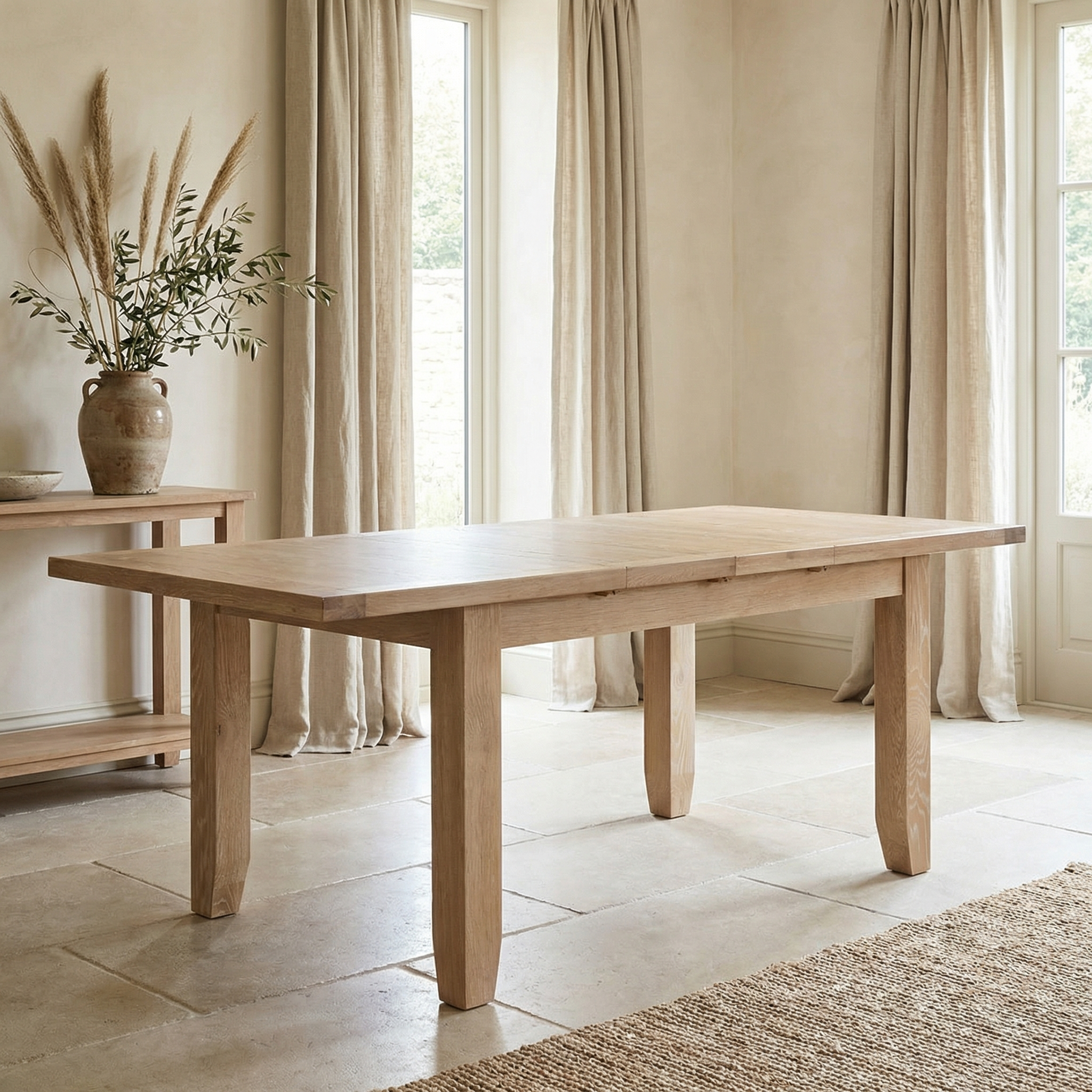 The Burford 4-6 Seater Extending Dining Table in Natural Oak sits in a bright room with beige curtains and a vase of dried plants on a sideboard, offering comfortable seating for 4-6 people.