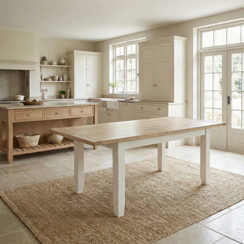 Bright, airy kitchen featuring the Burford 4-6 Seater Extending Dining Table in Warm White, wooden cabinets, open shelving, and large windows that flood the space with natural light.
