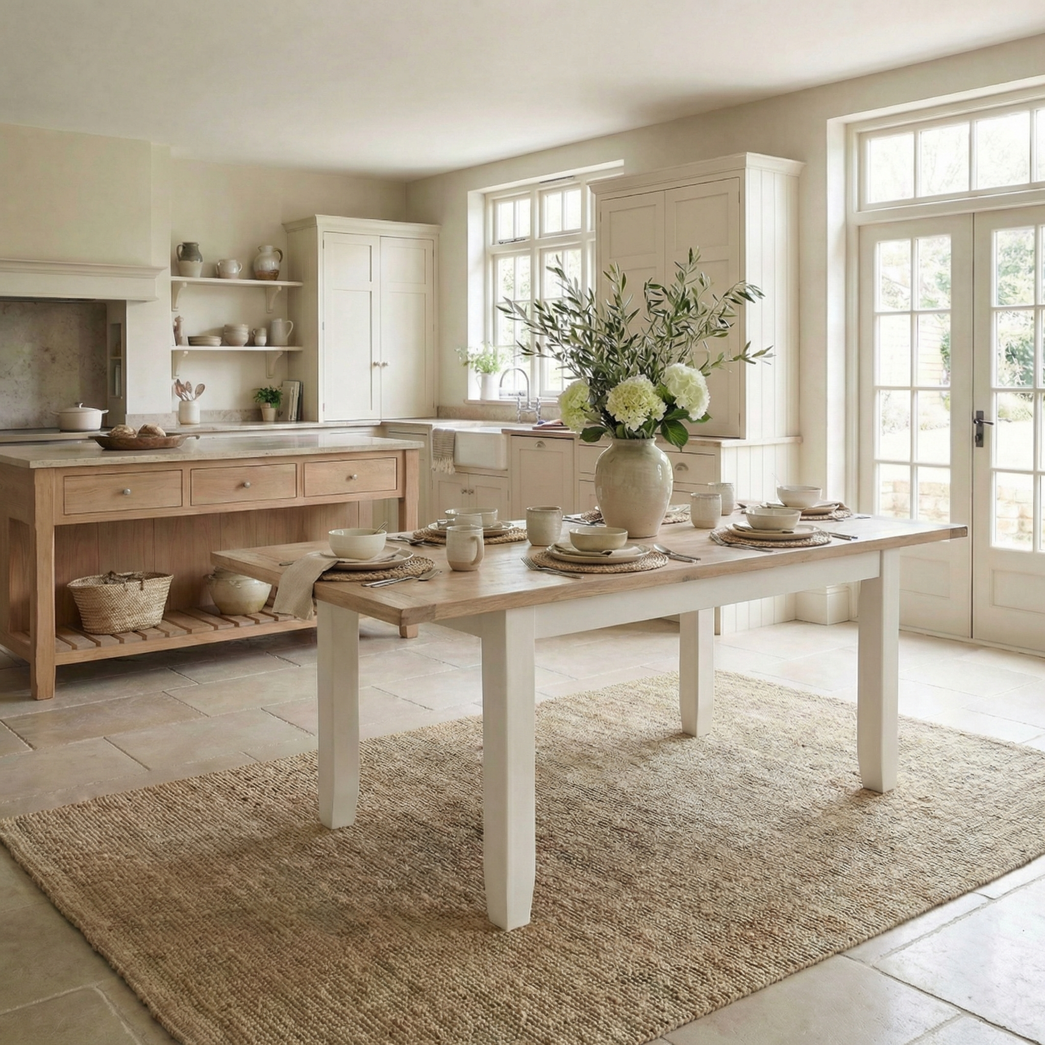 Bright kitchen with neutral tones, featuring the Burford 4-6 Seater Extending Dining Table in Warm White as a rustic centerpiece, and a large vase of flowers set for dining.