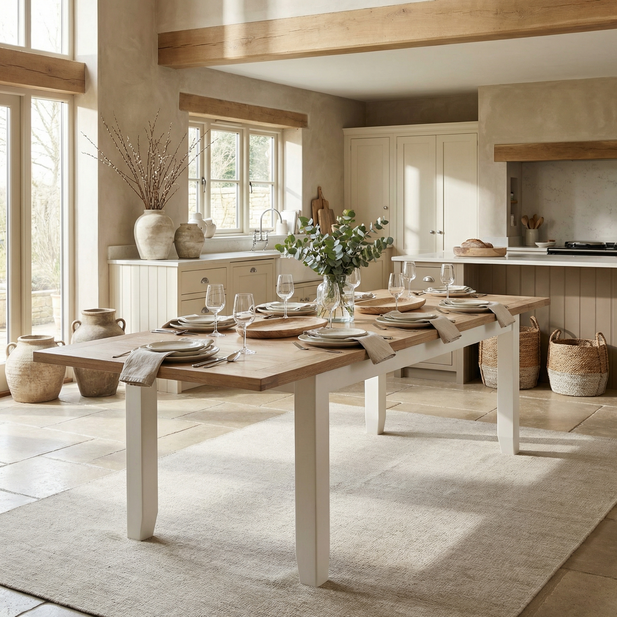 The Burford 6-10 Seater Extending Dining Table in Warm White is perfect for a bright, rustic kitchen with neutral tones and natural décor.