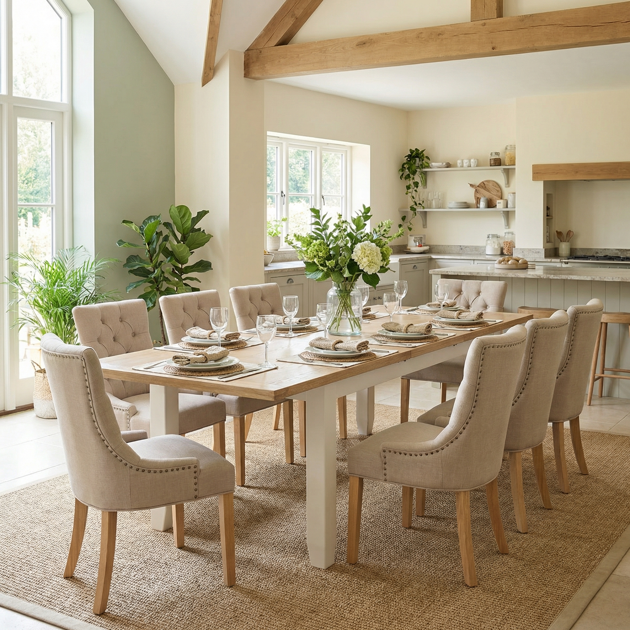 Bright dining room with a Burford 6-10 Seater Extending Dining Table in Warm White, beige chairs, lush plants, large windows, and light wood accents.