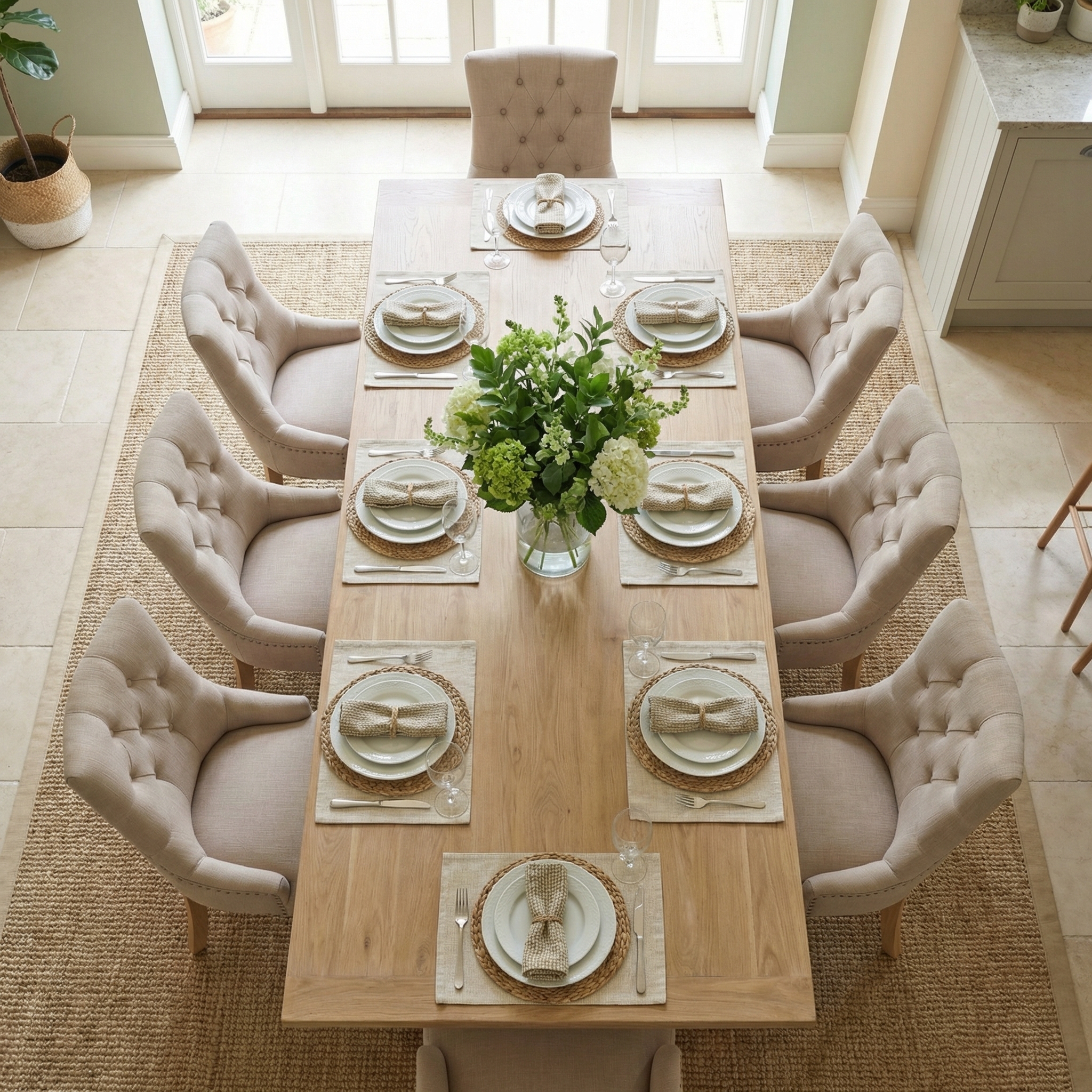 The Burford 6-10 Seater Extending Dining Table in Warm White seats eight and is styled with beige chairs, neutral place settings, and a green floral centerpiece.