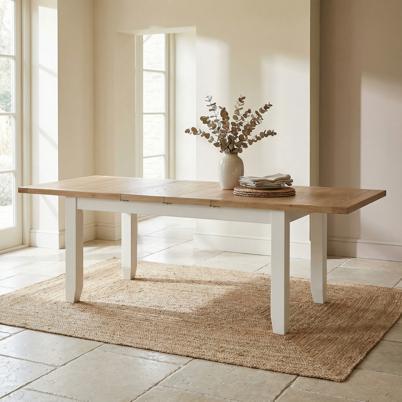 The Burford 6-10 Seater Extending Dining Table in Warm White sits on a woven rug, styled with a vase and folded linens—perfect for gatherings.