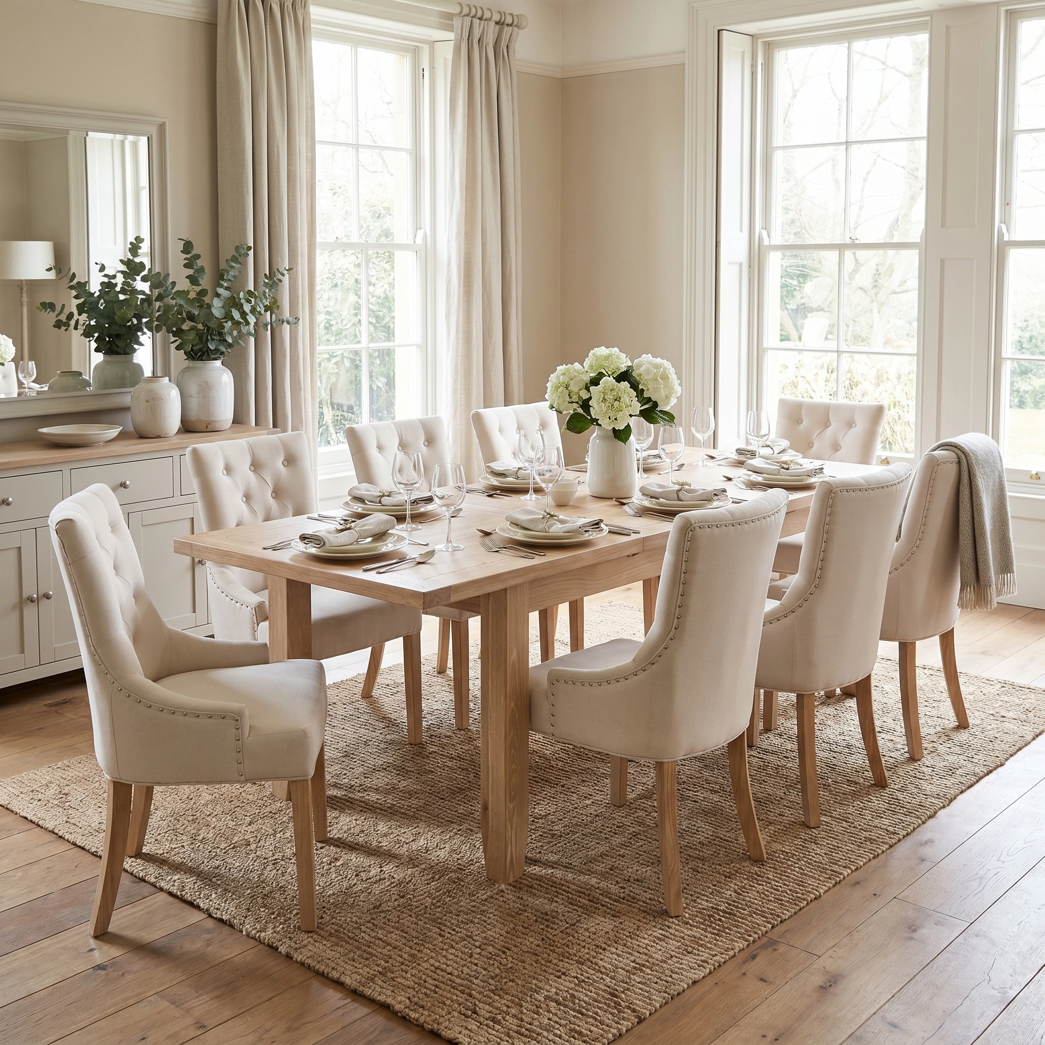 Bright dining room with a Burford 8 Seat Extending Dining Set featuring a natural oak table and eight Regent Chairs in ivory, complete with place settings and a vase of flowers.