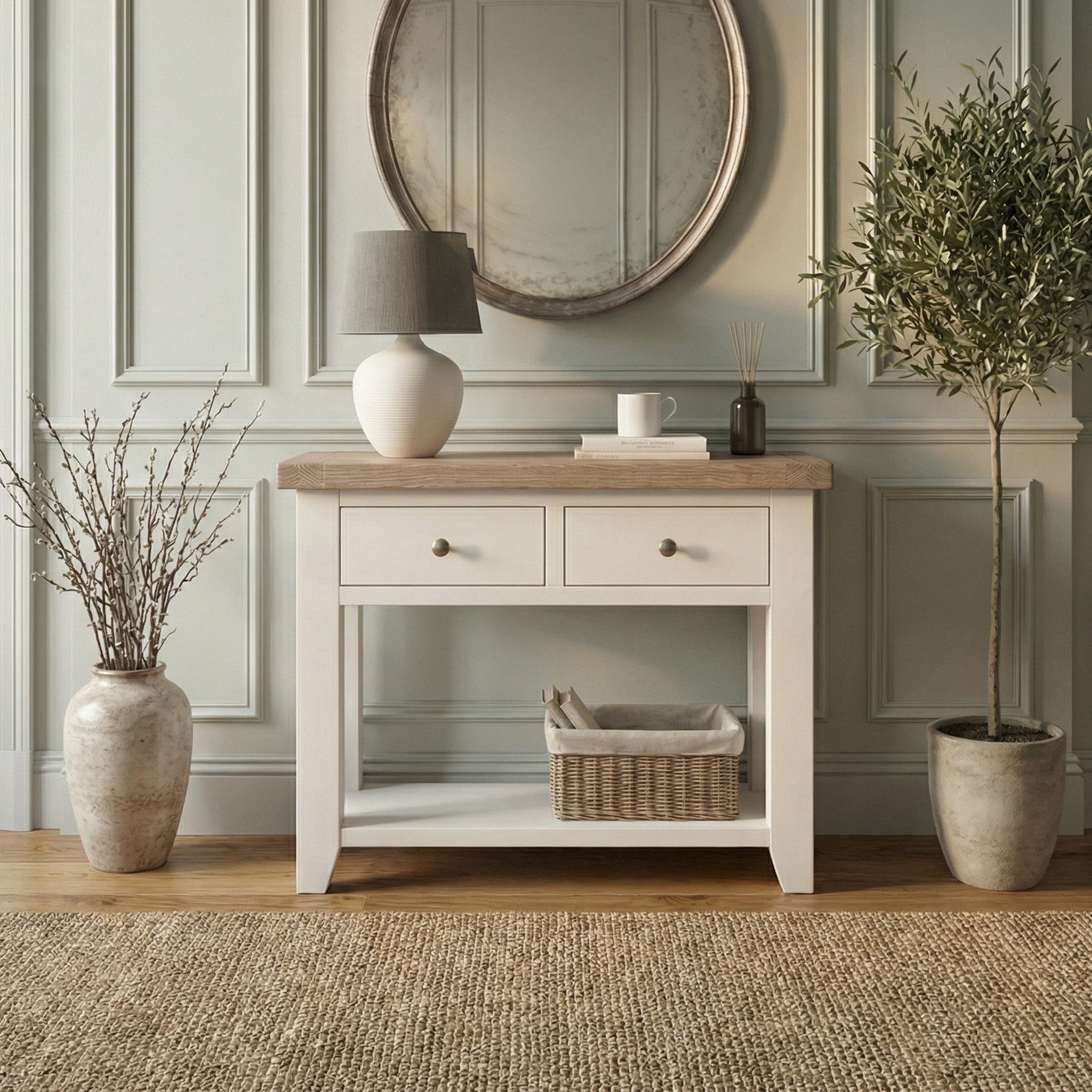 The Burford 2 Drawers Console Table in Warm White, topped with a lamp, cup, and basket, is set between potted plants in a stylish neutral room.