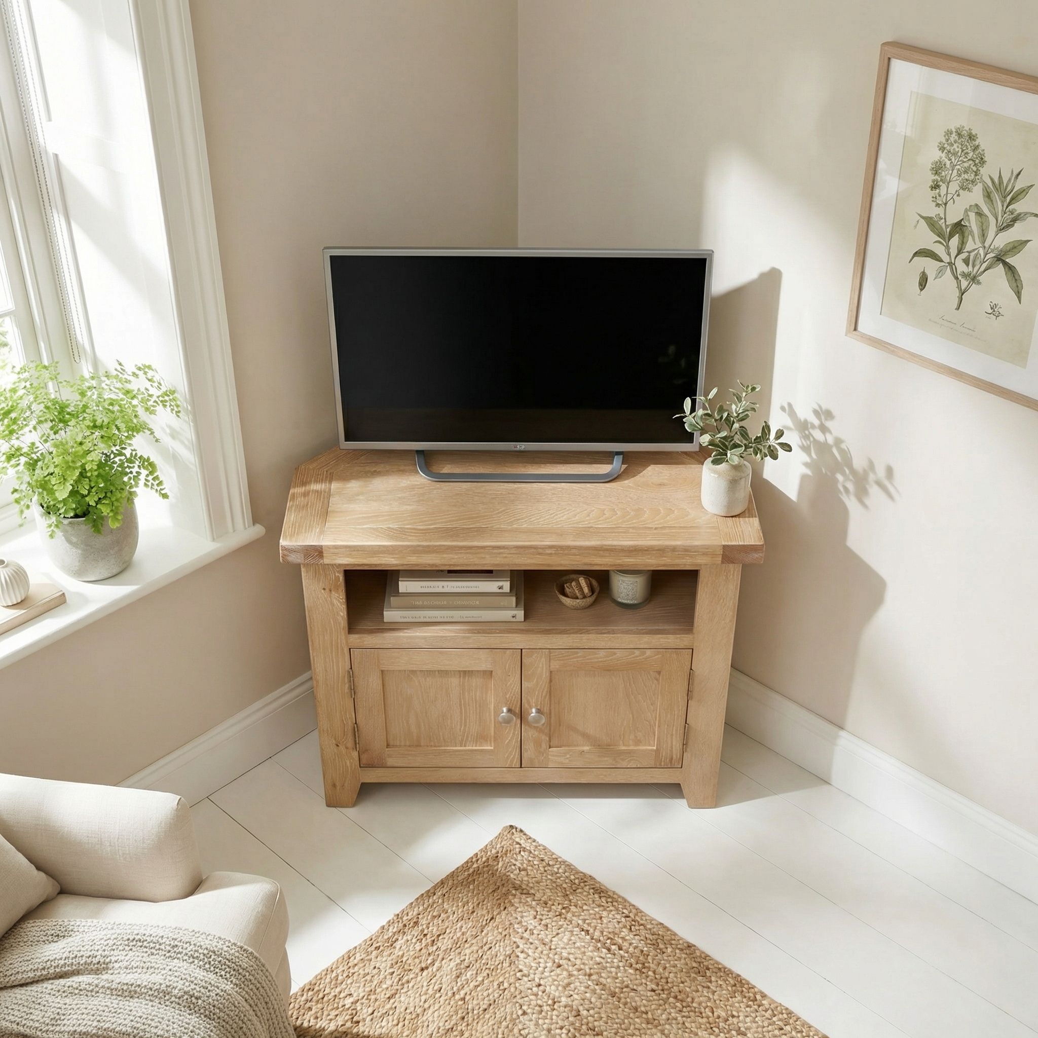A TV on the Burford Corner Media Unit in Natural Oak, styled with plants, books, and neutral accents in a bright, cozy living room.