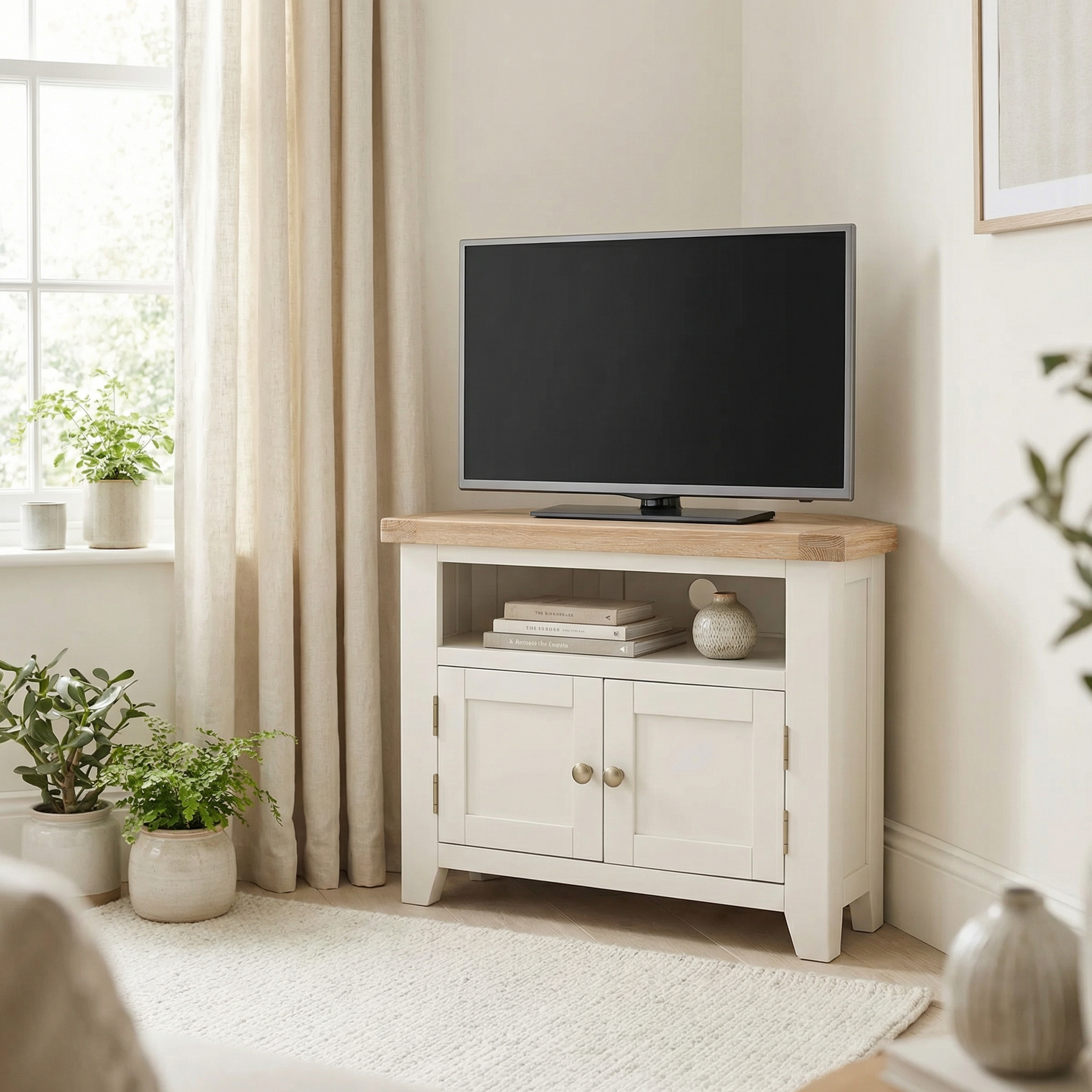 A flat-screen TV on a Burford Corner Media Unit in Warm White with cable management, surrounded by plants and books in a bright, cozy living room.
