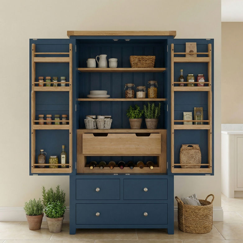 A Burford Double Larder Unit in Navy Blue with open doors displays shelves stocked with jars, woven baskets, wine bottles, and kitchen storage essentials, set amid greenery.