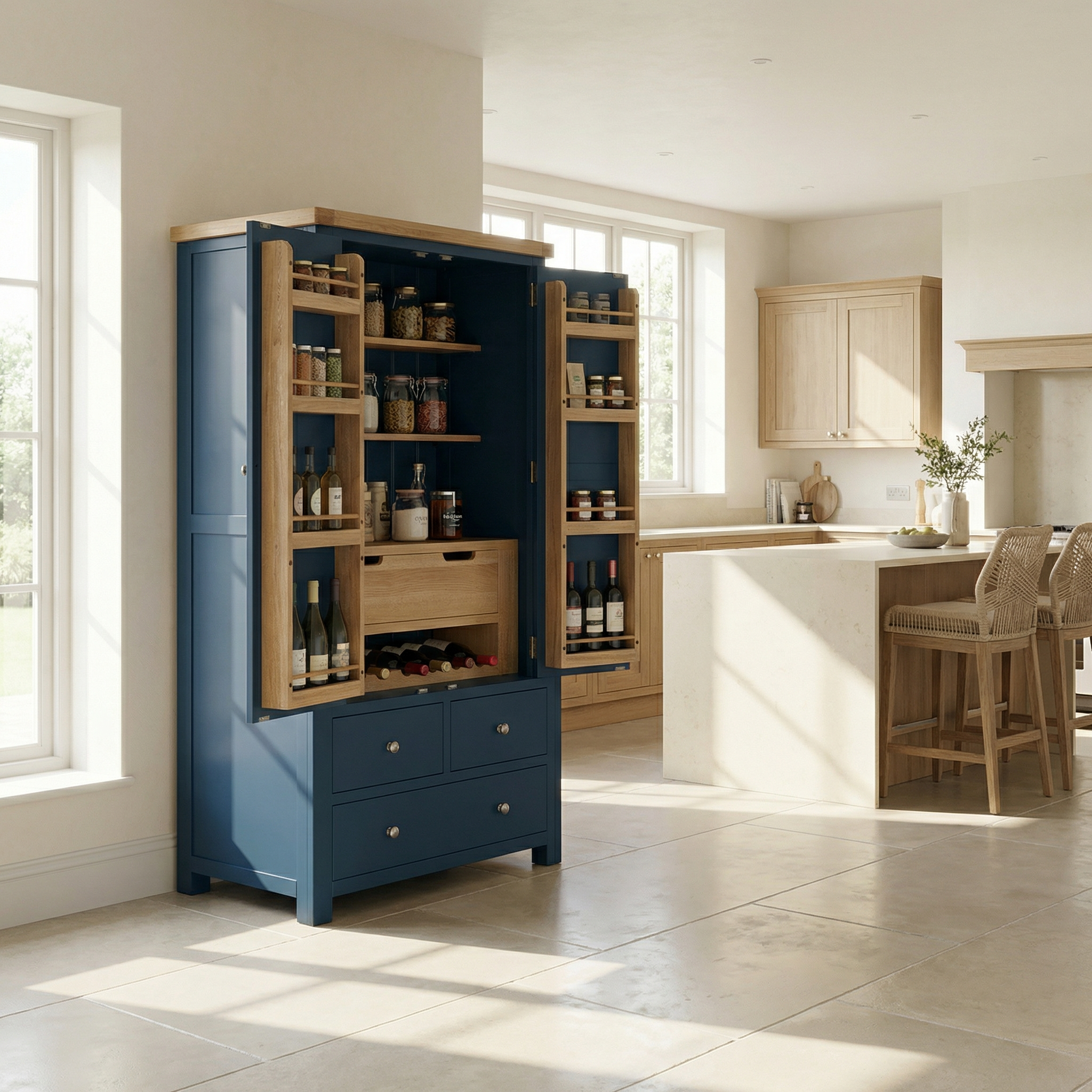 The Burford Double Larder Unit in Navy Blue features open doors revealing neatly arranged shelves of jars and bottles, providing stylish and practical kitchen storage in a bright, modern space.