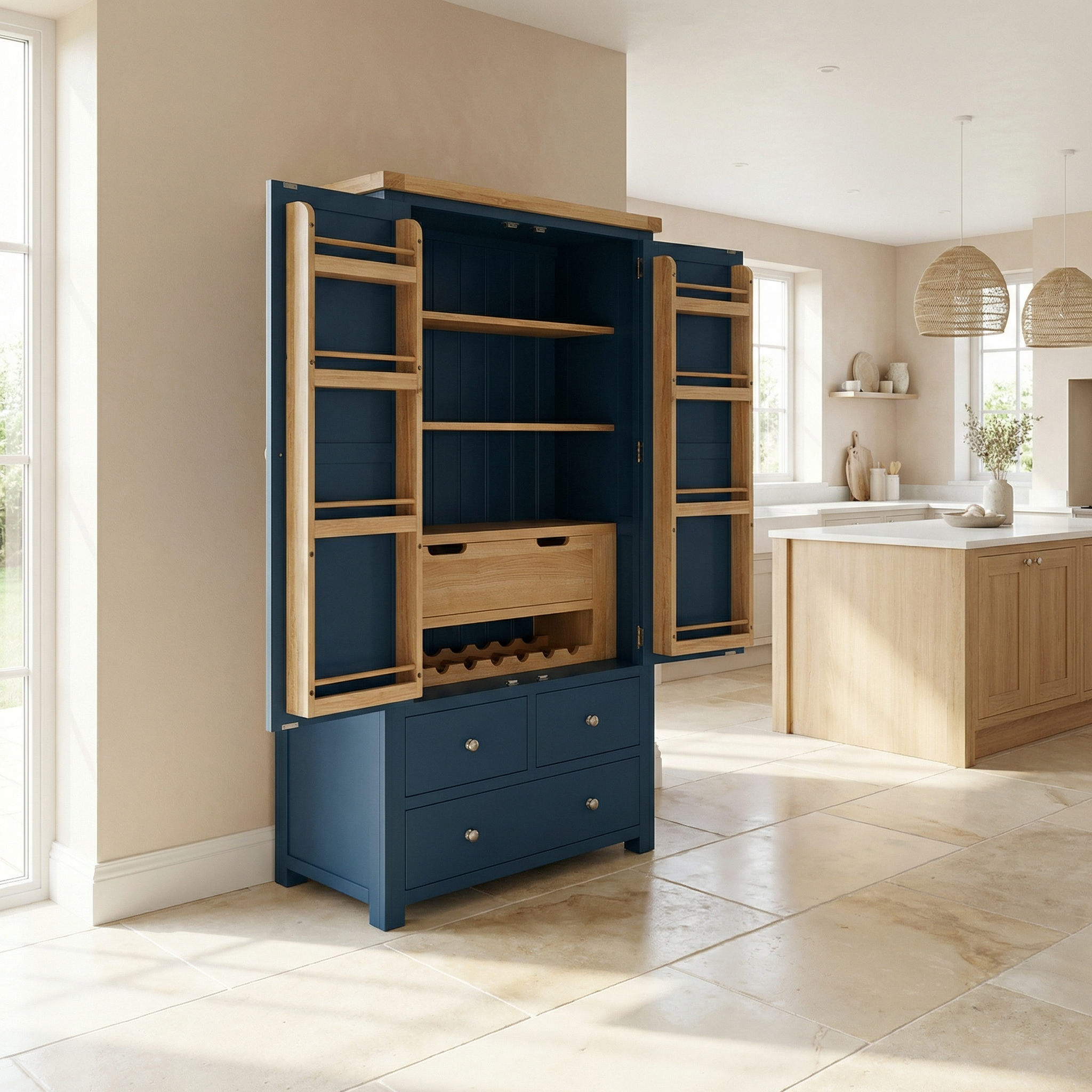 The Burford Double Larder Unit in Navy Blue features open shelves and drawers, providing stylish kitchen storage for a bright, modern space with beige tiles.