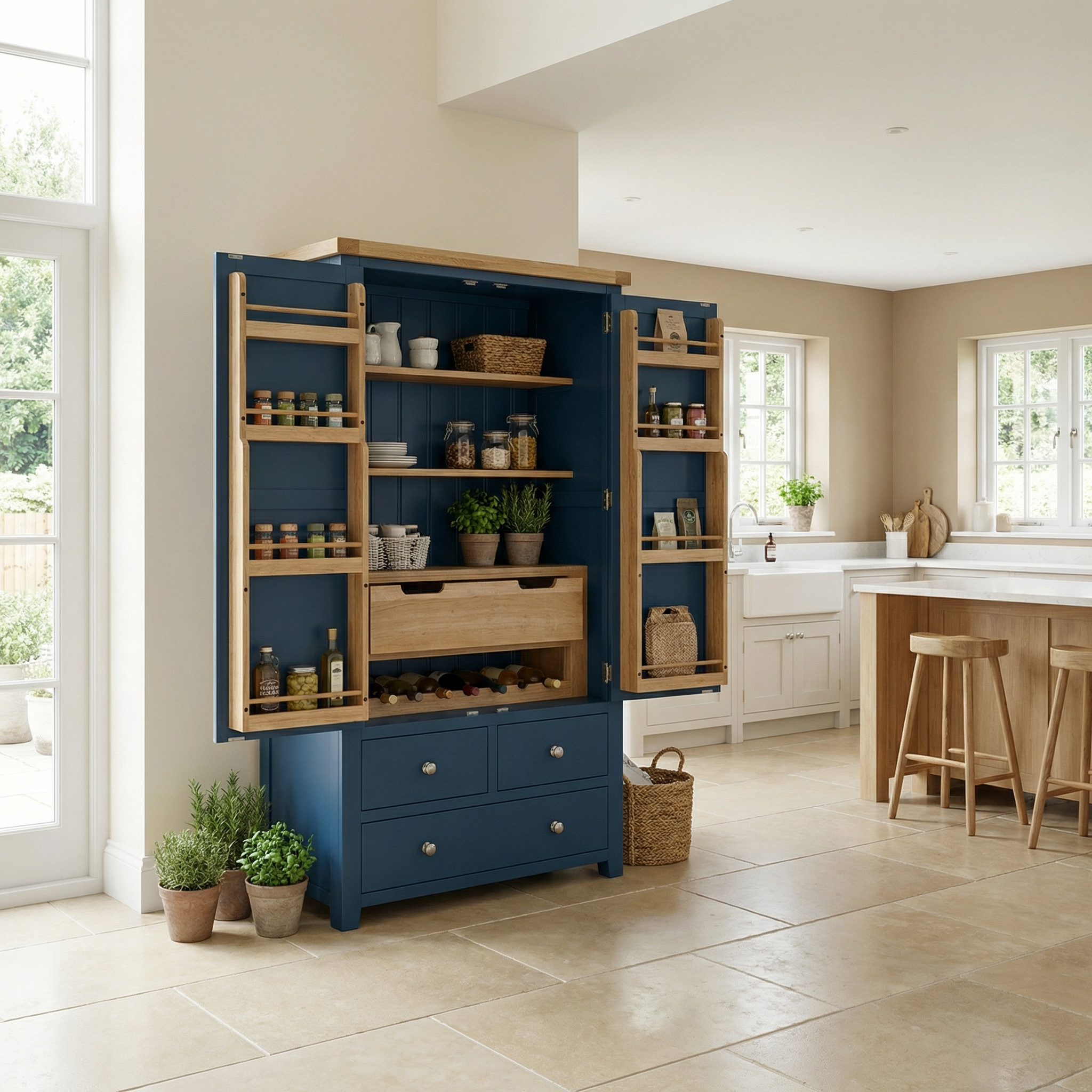 Burford Double Larder Unit in Navy Blue with open doors displaying shelves for jars and spices, providing practical kitchen storage and featuring natural oak larder accents for a modern touch.