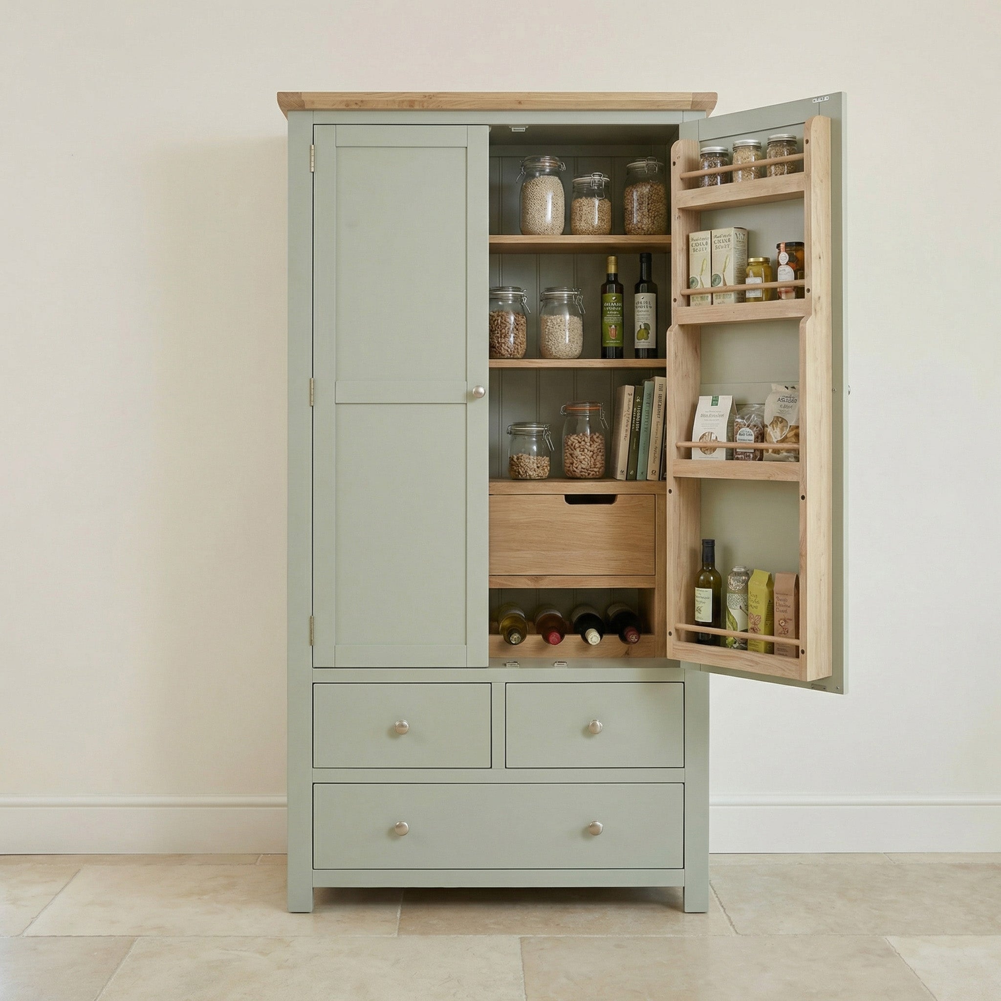 The Burford Double Larder Unit in Sage Green features an elegant oak top and open doors displaying jars, bottles, books, and built-in wine storage for stylish kitchen organization.