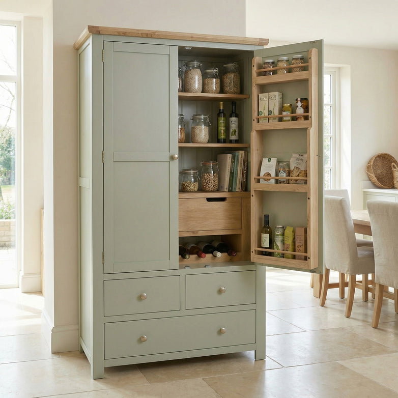The Burford Double Larder Unit in Sage Green stands open in a bright kitchen, displaying jars, bottles, and drawers—an ideal oak top storage solution.