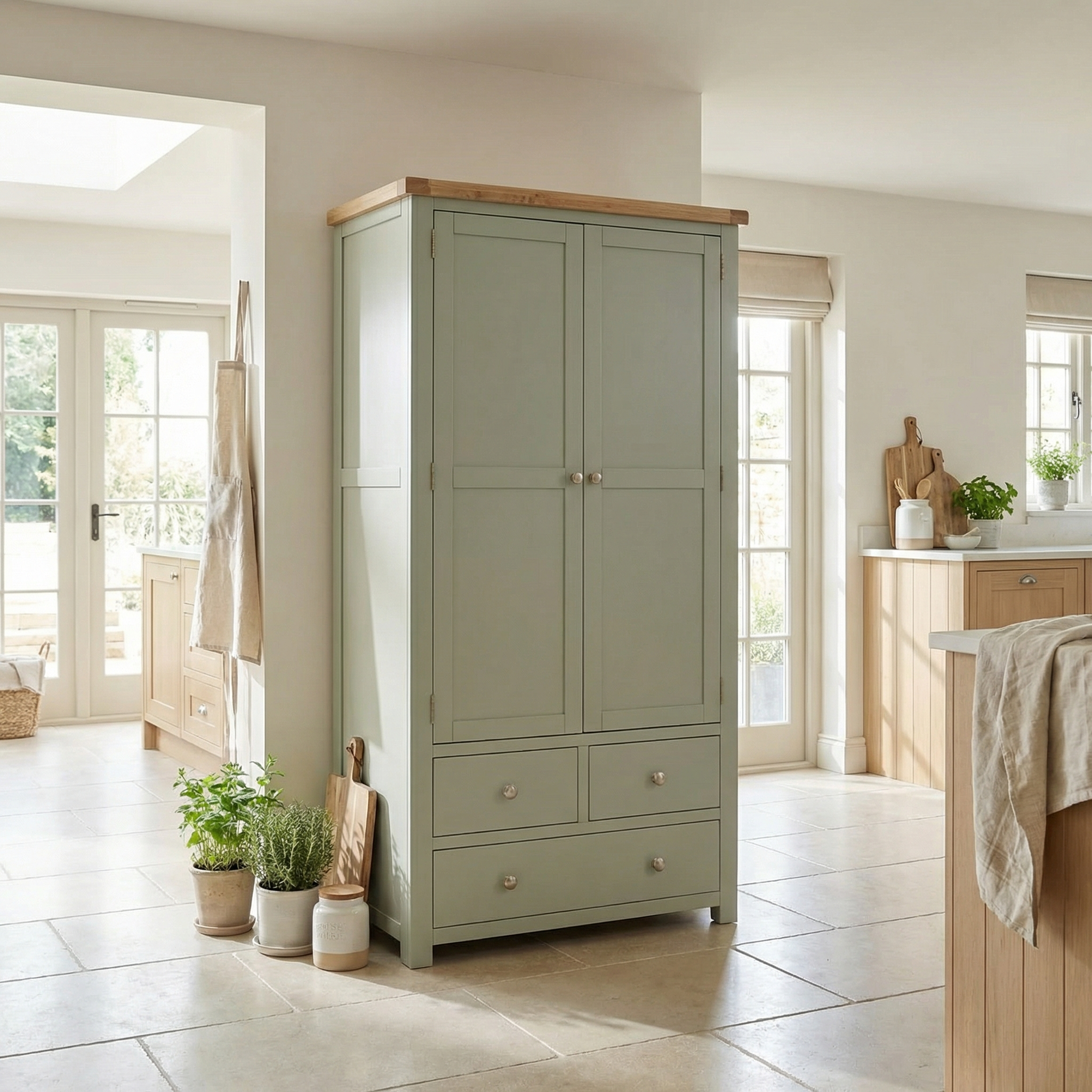 The Burford Double Larder Unit in Sage Green with an oak top stands in a bright, airy room filled with plants, offering stylish kitchen storage and drawers.