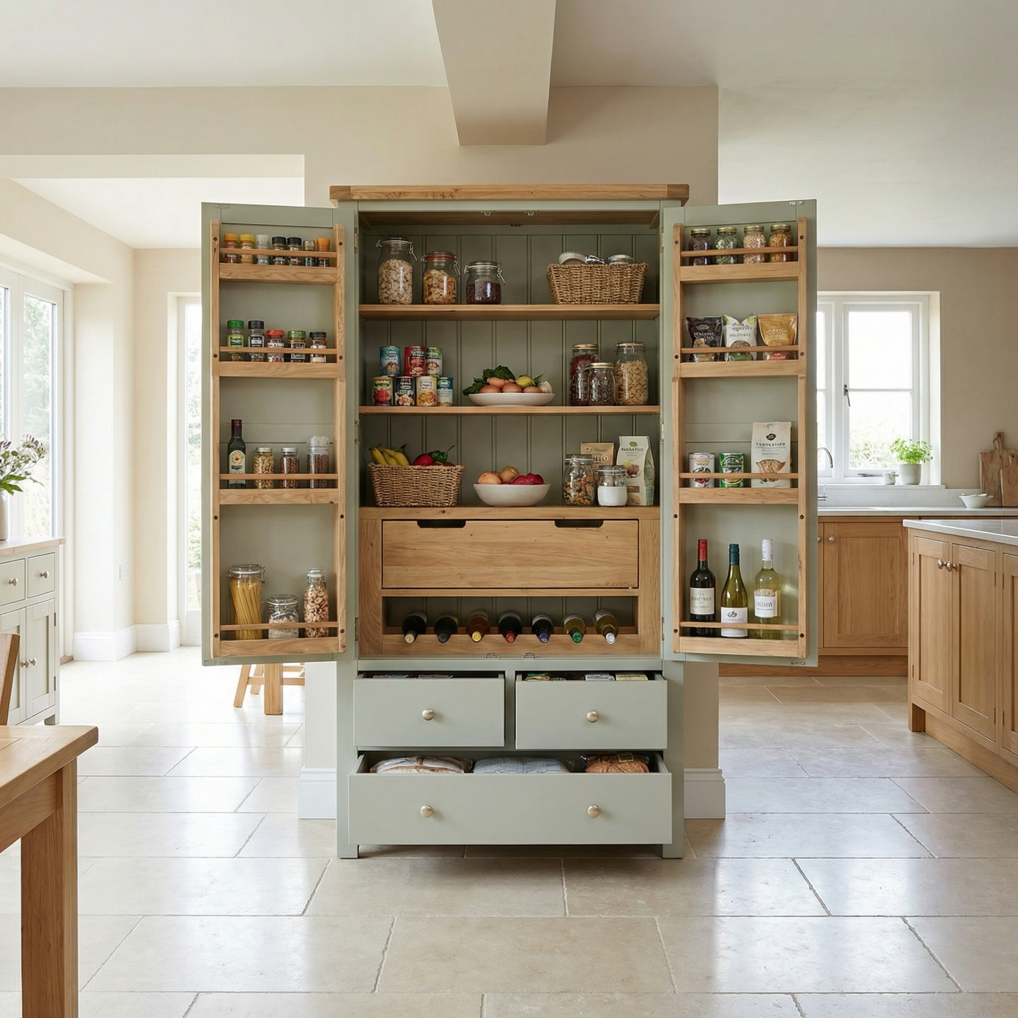 With its open doors, the Burford Double Larder Unit in Sage Green showcases neatly arranged jars, cans, baskets, and drawers—perfect for stylish and organized kitchen storage.