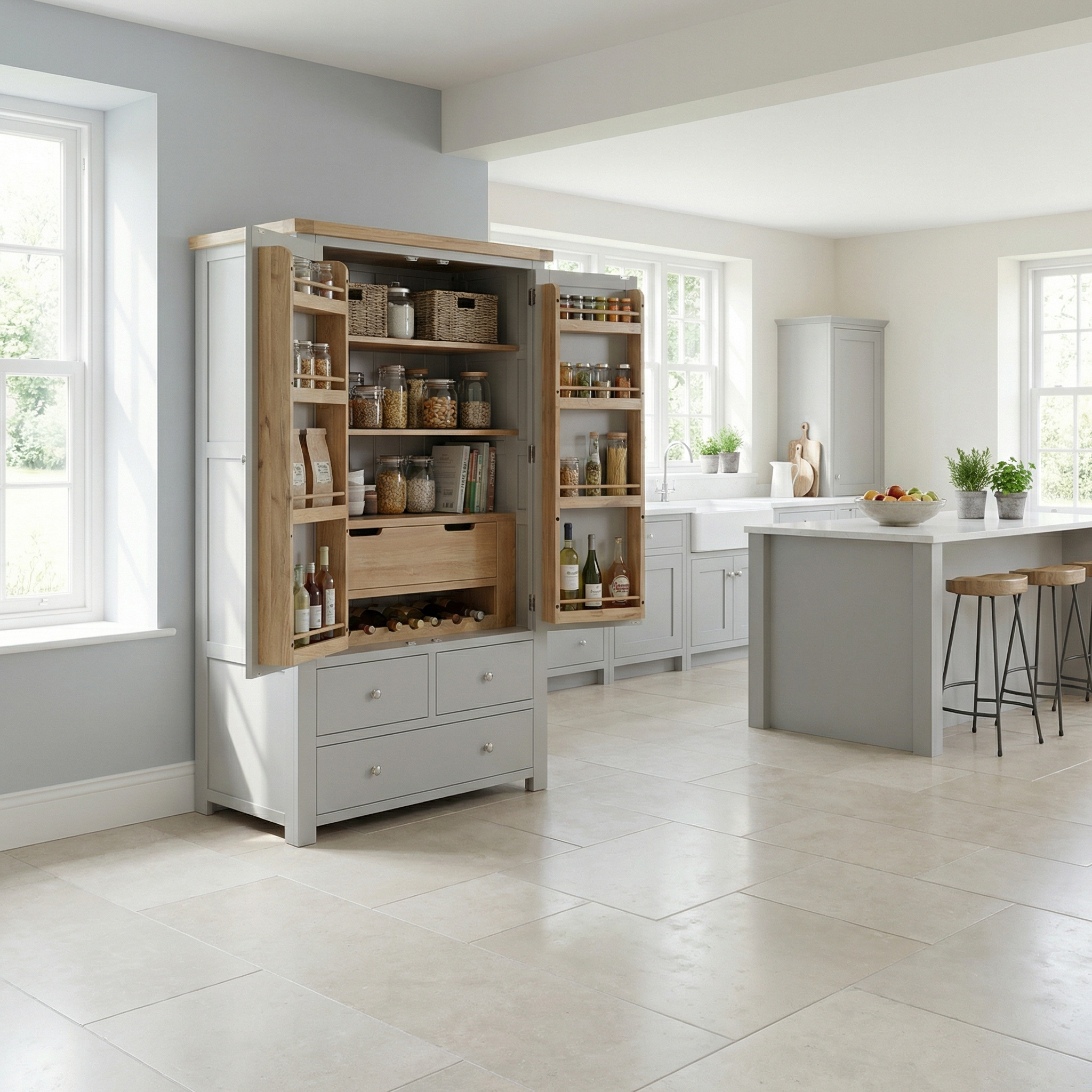 A Burford Double Larder Unit in Pebble Grey, stocked with food, offers smart kitchen storage in this bright kitchen.