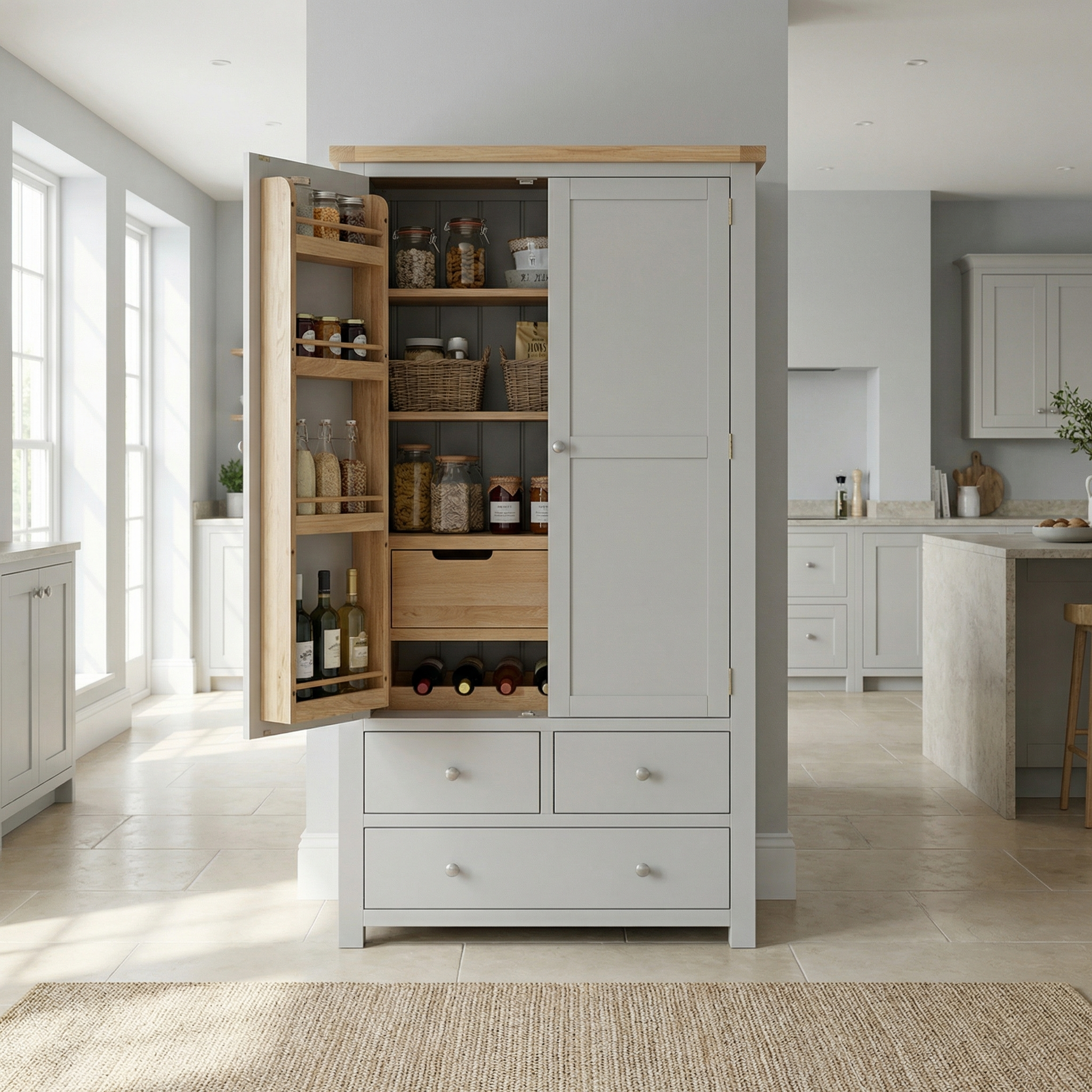 The Burford Double Larder Unit in Pebble Grey, shown with open doors, displays shelves filled with jars, baskets, and bottles—ideal for organized kitchen storage.