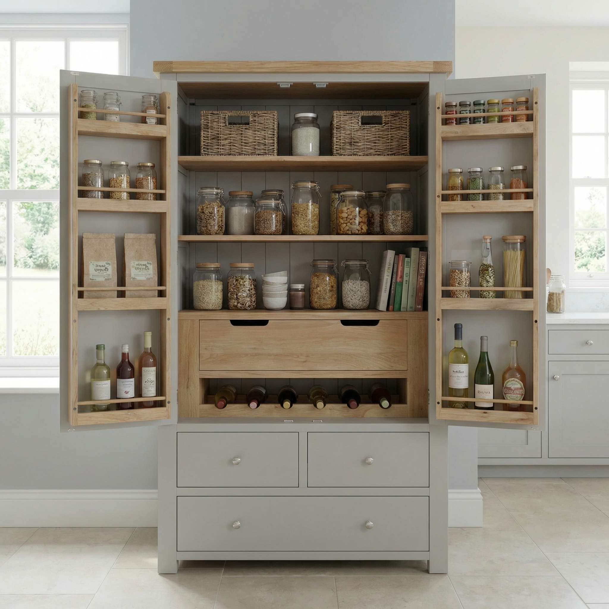 The Burford Double Larder Unit in Pebble Grey provides stylish kitchen storage, with jars, baskets, wine bottles, and drawers neatly organized for a bright and tidy space.