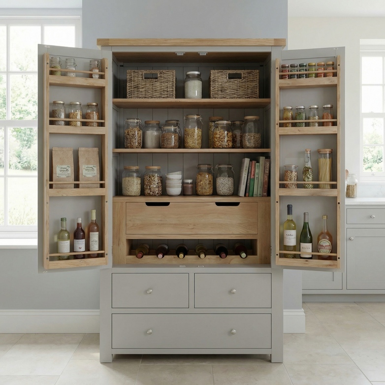 Open pantry with jars, bottles, baskets, and food packages neatly arranged on shelves and in drawers—ideal for the Burford Double Larder Unit in Pebble Grey to maximize and organize your kitchen storage.