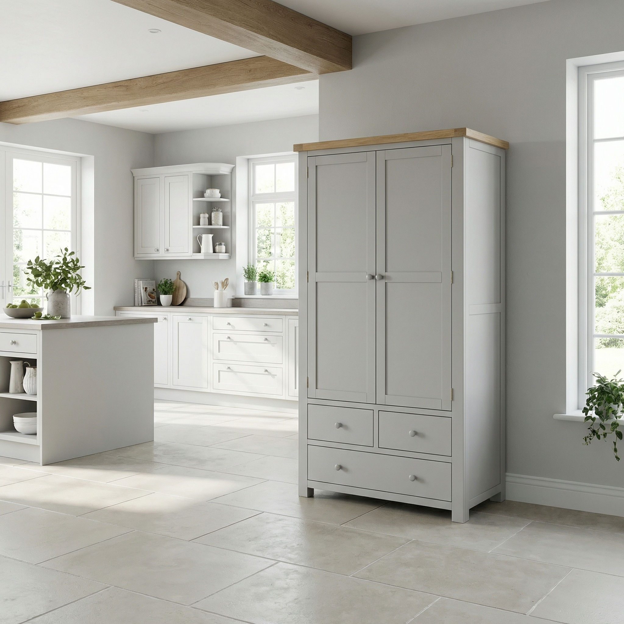 Bright modern kitchen with white cabinets, a large Burford Double Larder Unit in Pebble Grey for kitchen storage, and natural light from big windows.