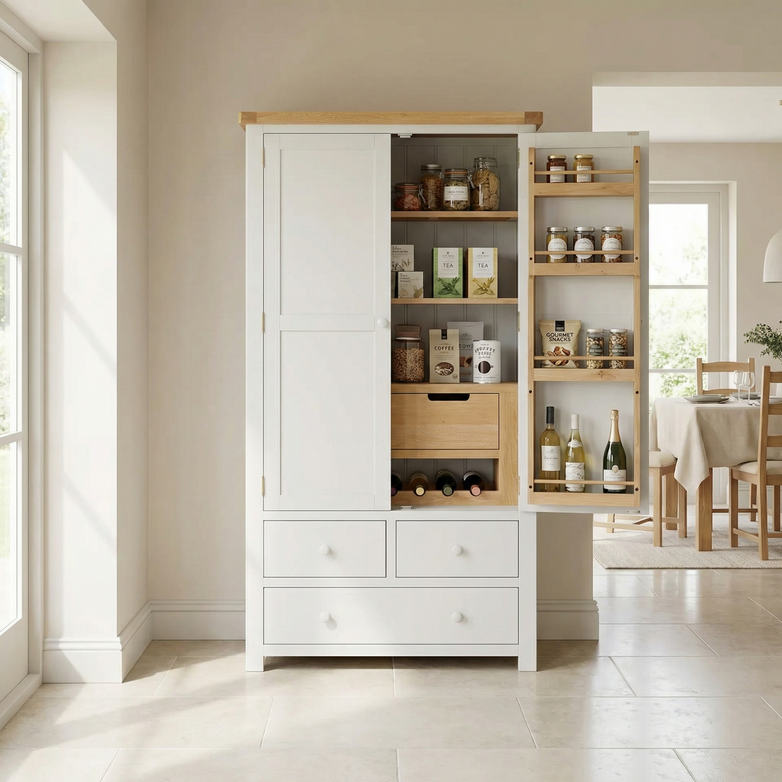 The Burford Double Larder Unit in Warm White features shelves, drawers, and space for jars, bottles, and food—an ideal kitchen pantry cabinet inspired by classic storage solutions.