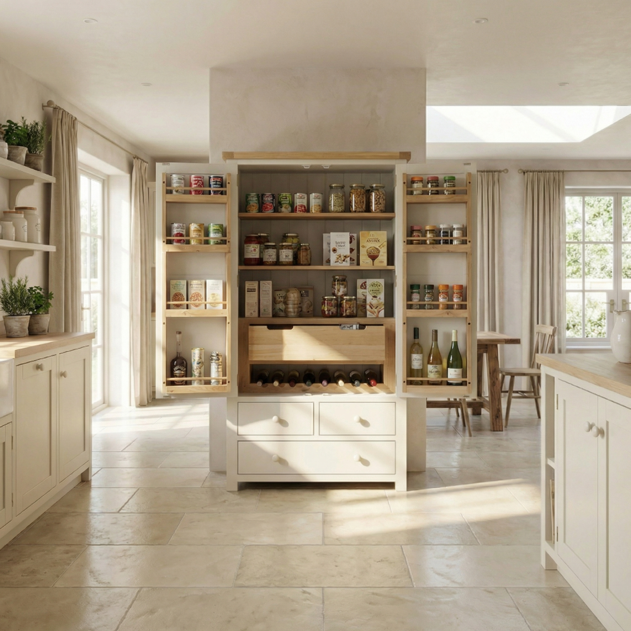 Sunlit kitchen pantry with open shelves displaying jars, cans, and wine bottles, complemented by the Burford Double Larder Unit in Warm White for stylish and spacious extra storage.