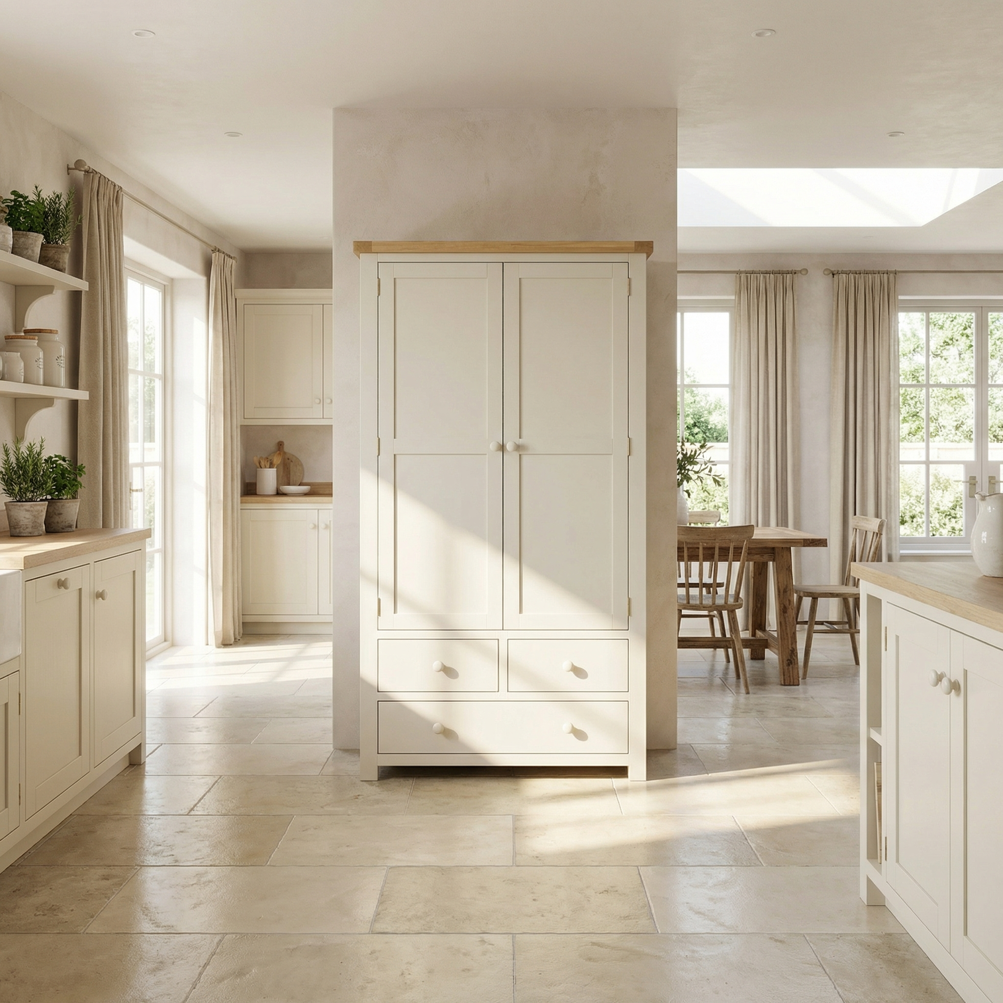 Bright, spacious kitchen with cream cabinets, tiled floor, and dining area by large windows with beige curtains. Includes ample storage featuring the stylish Burford Double Larder Unit in Warm White for all your essentials.