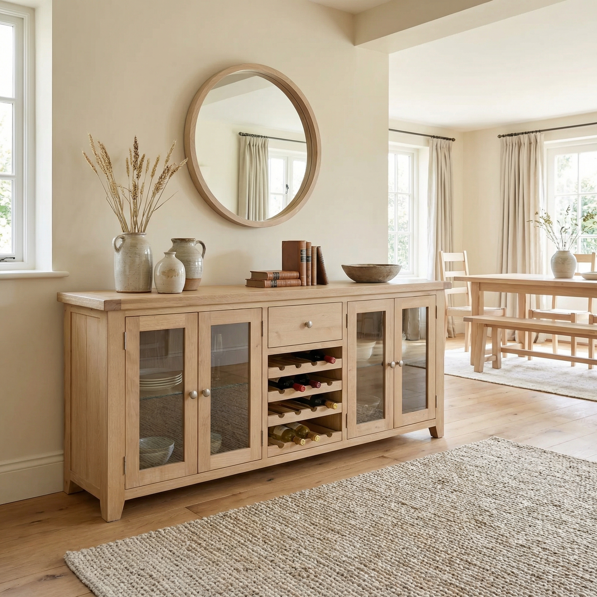 Burford Grand Sideboard with Wine Rack in Natural Oak, styled with decor and a round mirror above, is displayed in a bright dining room filled with natural light from large windows.