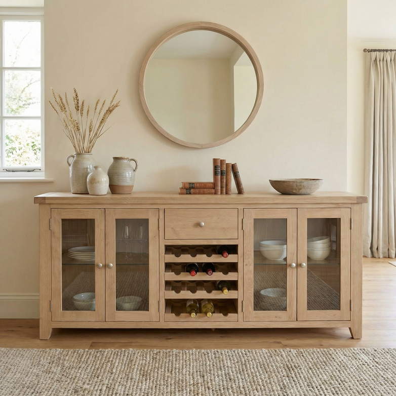 Burford Grand Sideboard with Wine Rack in Natural Oak, featuring glass doors, wine storage, and styled with books, vases, plus a round mirror above.