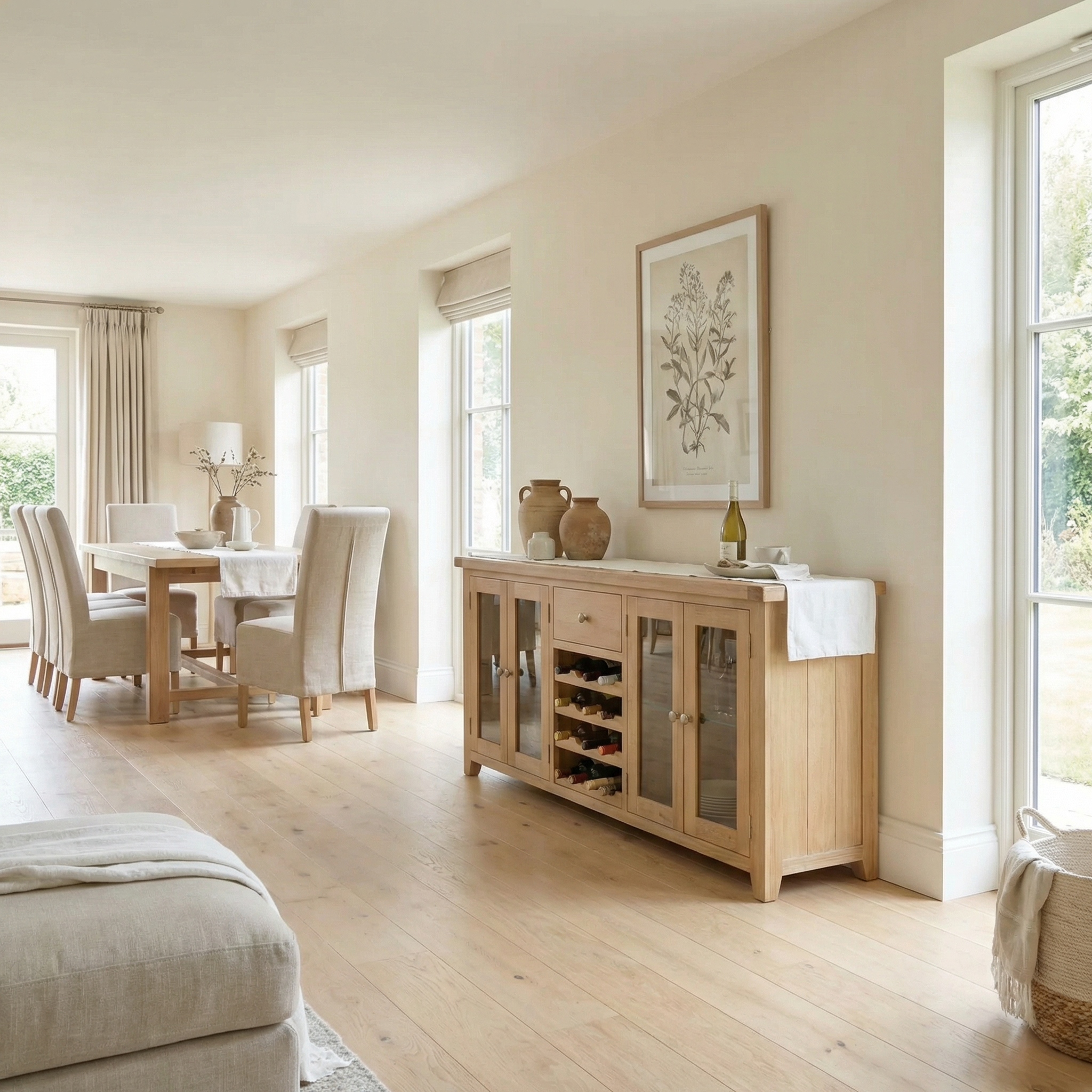 Bright dining room with wooden furniture, large windows, and neutral decor in modern farmhouse style, featuring the Burford Grand Sideboard with Wine Rack in Natural Oak for stylish and practical storage.