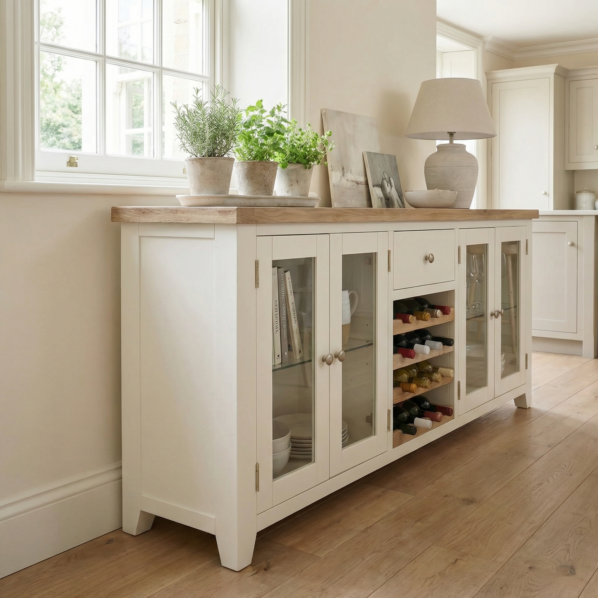 Burford Grand Sideboard with Wine Rack in Warm White, styled with glass doors, wine rack, potted plants, lamp, and wine bottles in a bright kitchen featuring a natural oak wooden floor.