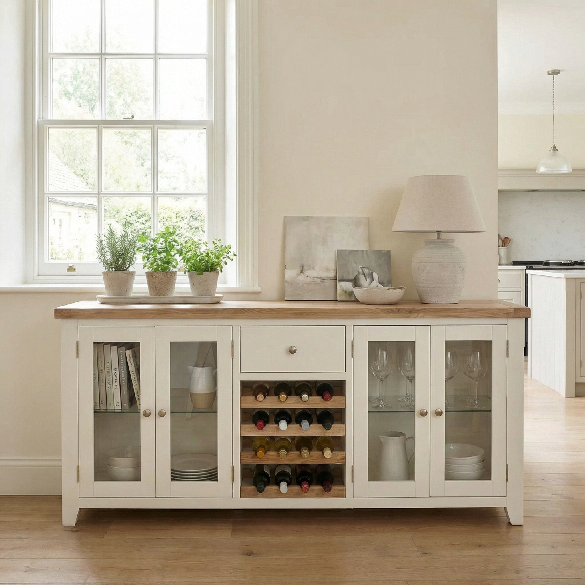 The Burford Grand Sideboard with Wine Rack in Warm White features glass doors, a wine rack, and natural oak accents, styled with potted plants and a lamp in a bright, airy room.
