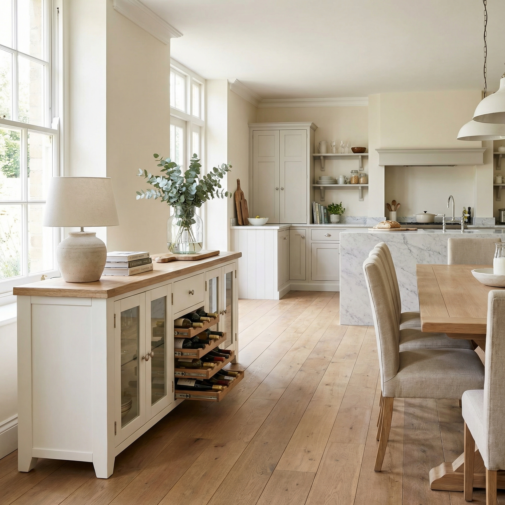 Bright, modern kitchen and dining area featuring natural oak floors, white cabinets, and a Burford Grand Sideboard with Wine Rack in Warm White beside a table with beige chairs.