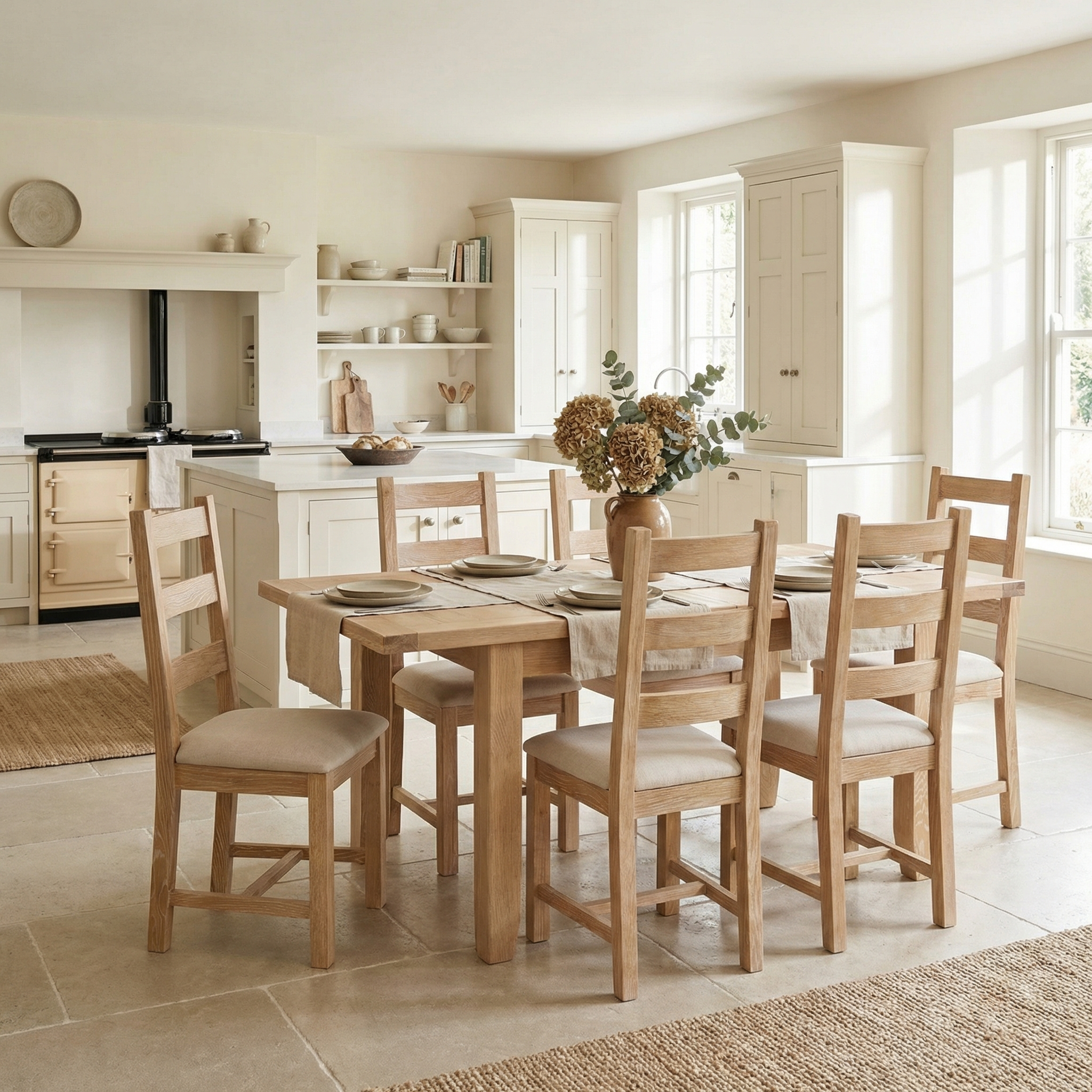 A bright, modern kitchen with a wooden dining table set for six and Burford Set of 2 Ladderback Dining Chairs with Fabric Seat in Natural Oak, all in neutral decor.