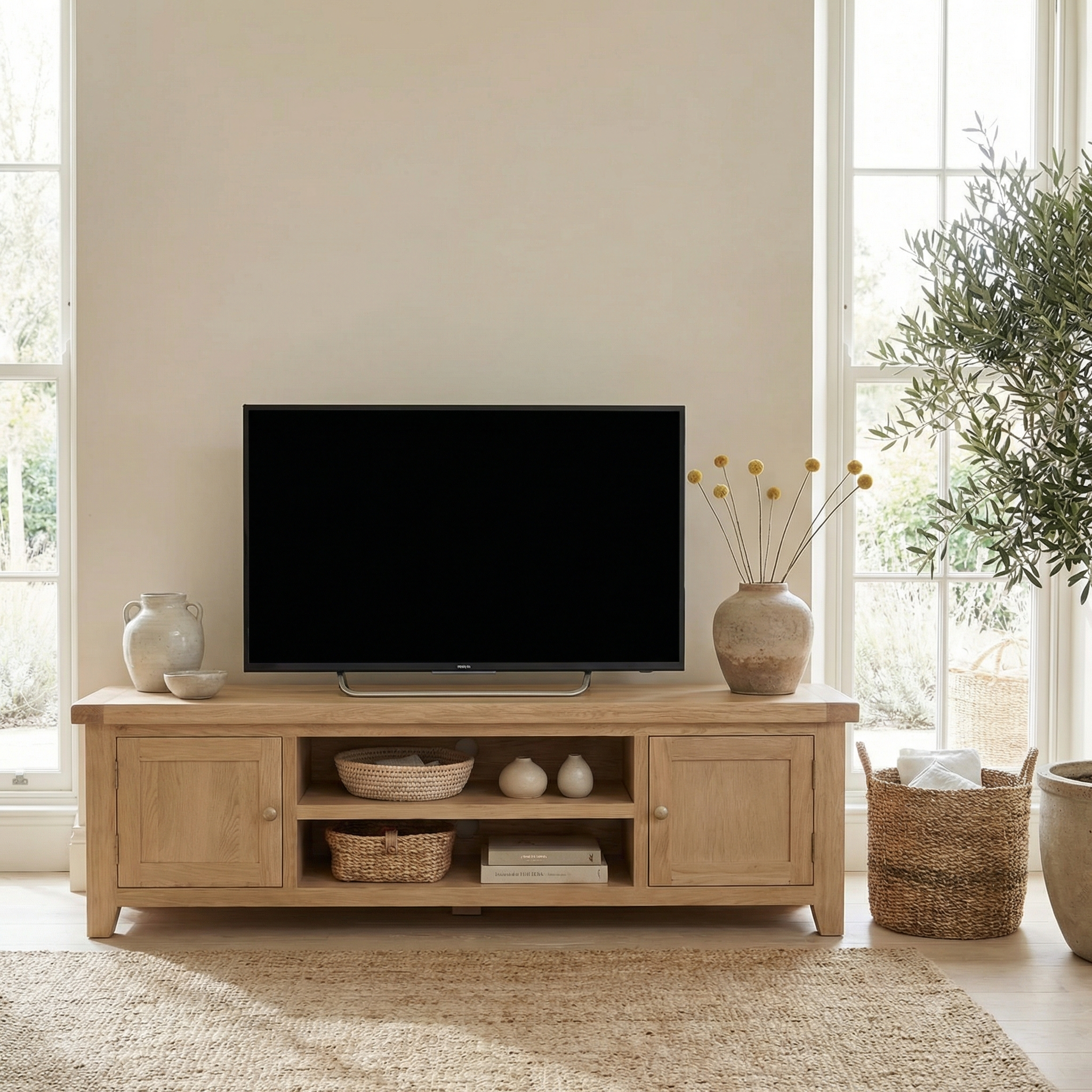 A flat-screen TV rests on the Burford Large 180cm Media Unit in Natural Oak, complemented by vases, baskets, and decor accents in a bright, cozy living room.