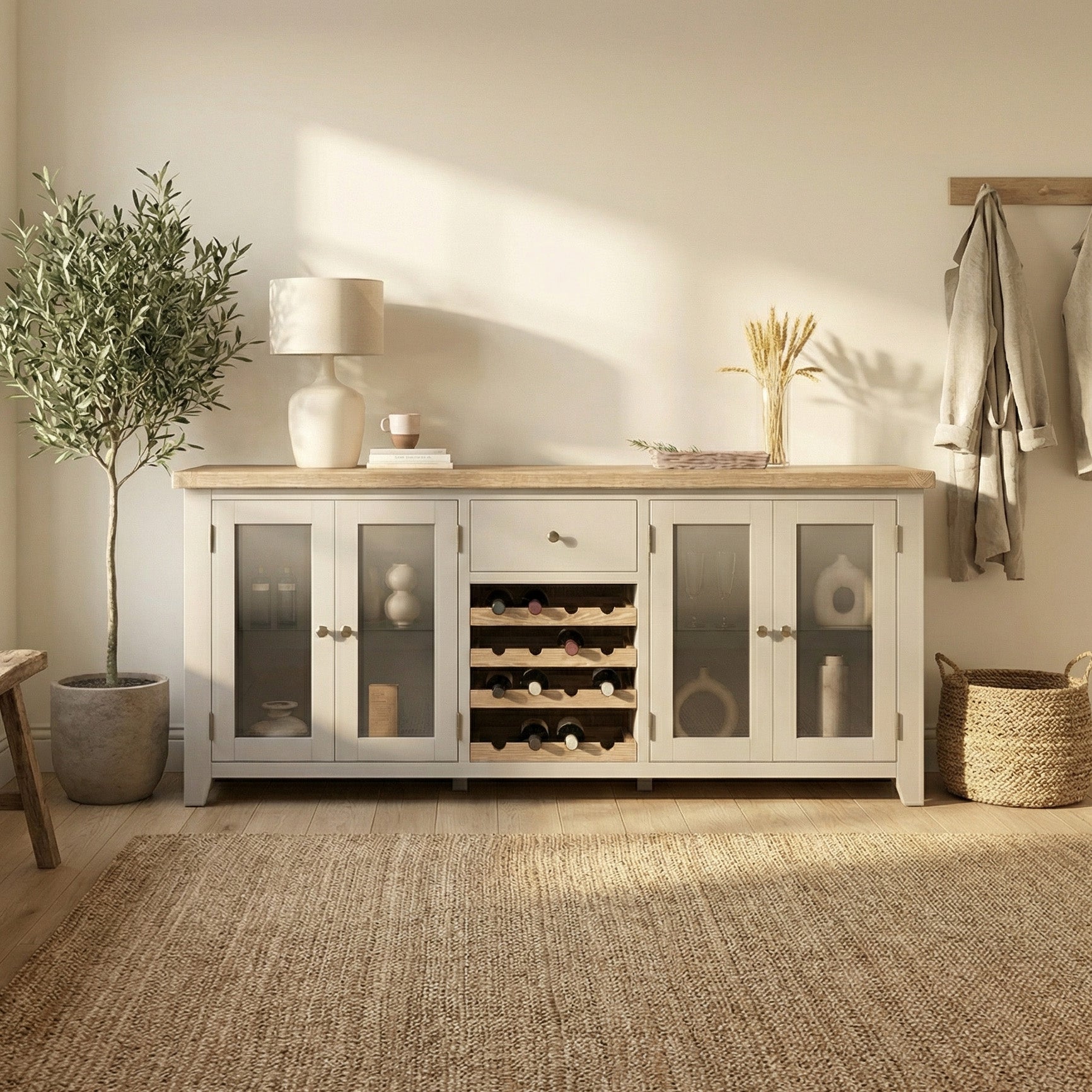 Burford Grand Sideboard with Wine Rack in Pebble Grey, featuring glass doors and decor, is placed beside a potted plant in a sunlit room.