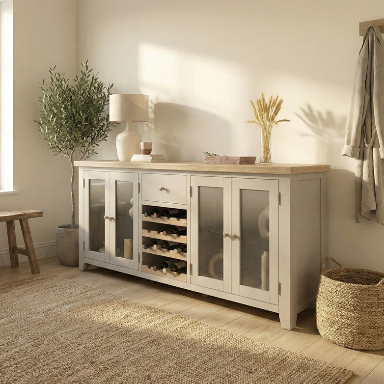Light-filled room featuring a Burford Grand Sideboard with Wine Rack in Pebble Grey, complemented by decor items, a plant, and woven accents atop a natural rug.