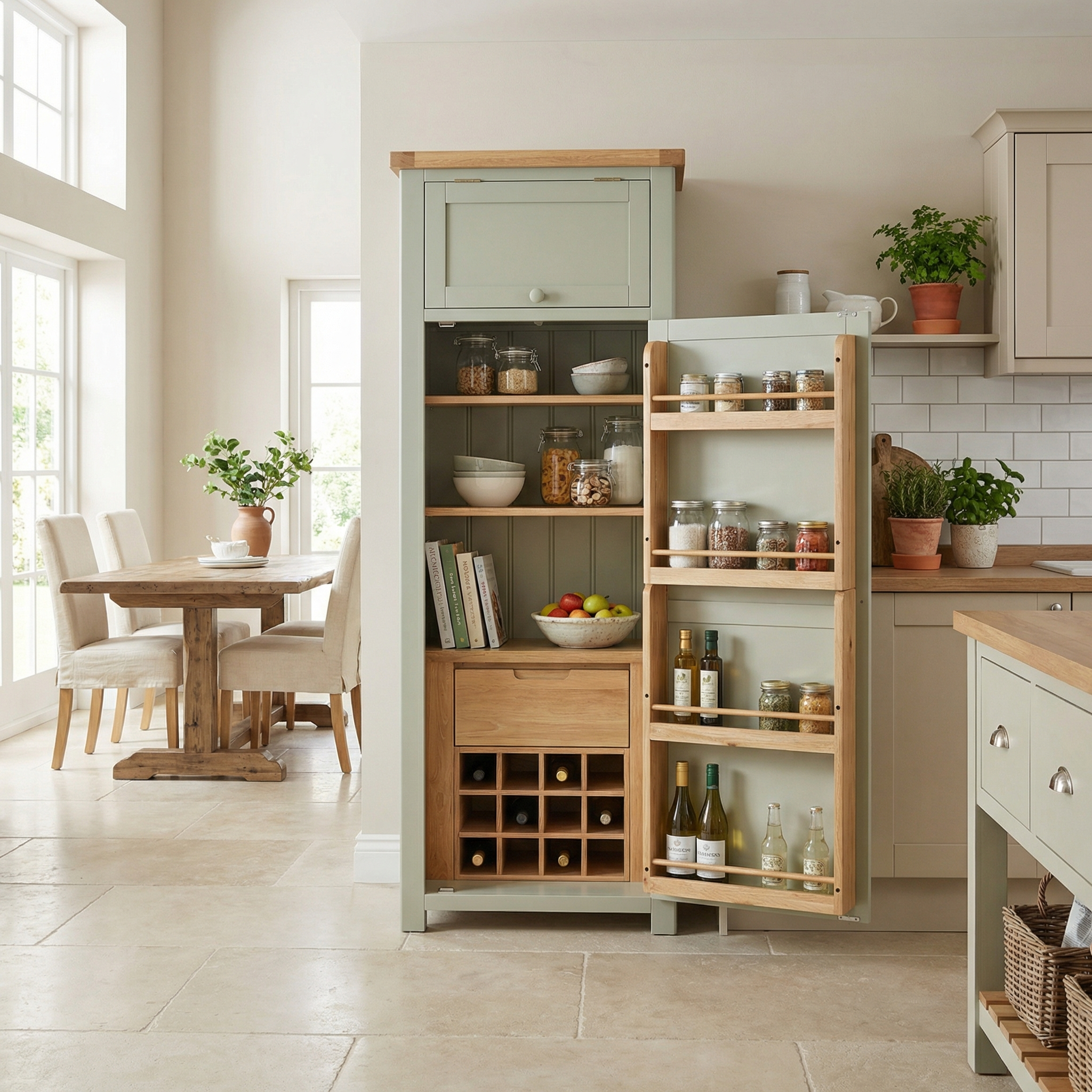 Open kitchen pantry with shelves holding jars, bottles, and baskets; the Burford Single Larder Unit in Sage Green adds charm, with the dining area visible in the background.