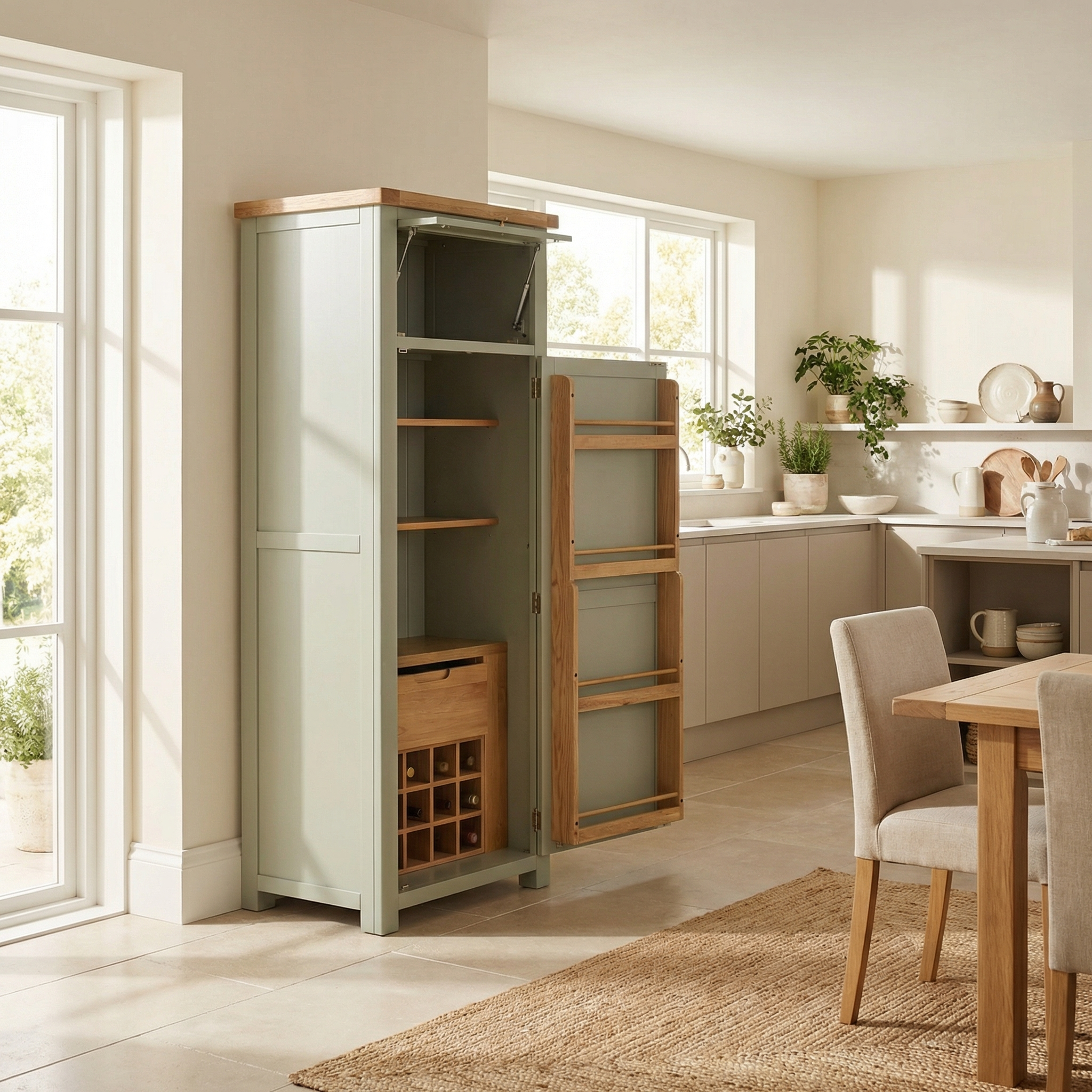 The Burford Single Larder Unit in Sage Green features open doors, shelves, and wine storage, making it a versatile and stylish kitchen storage solution for a bright, modern space.