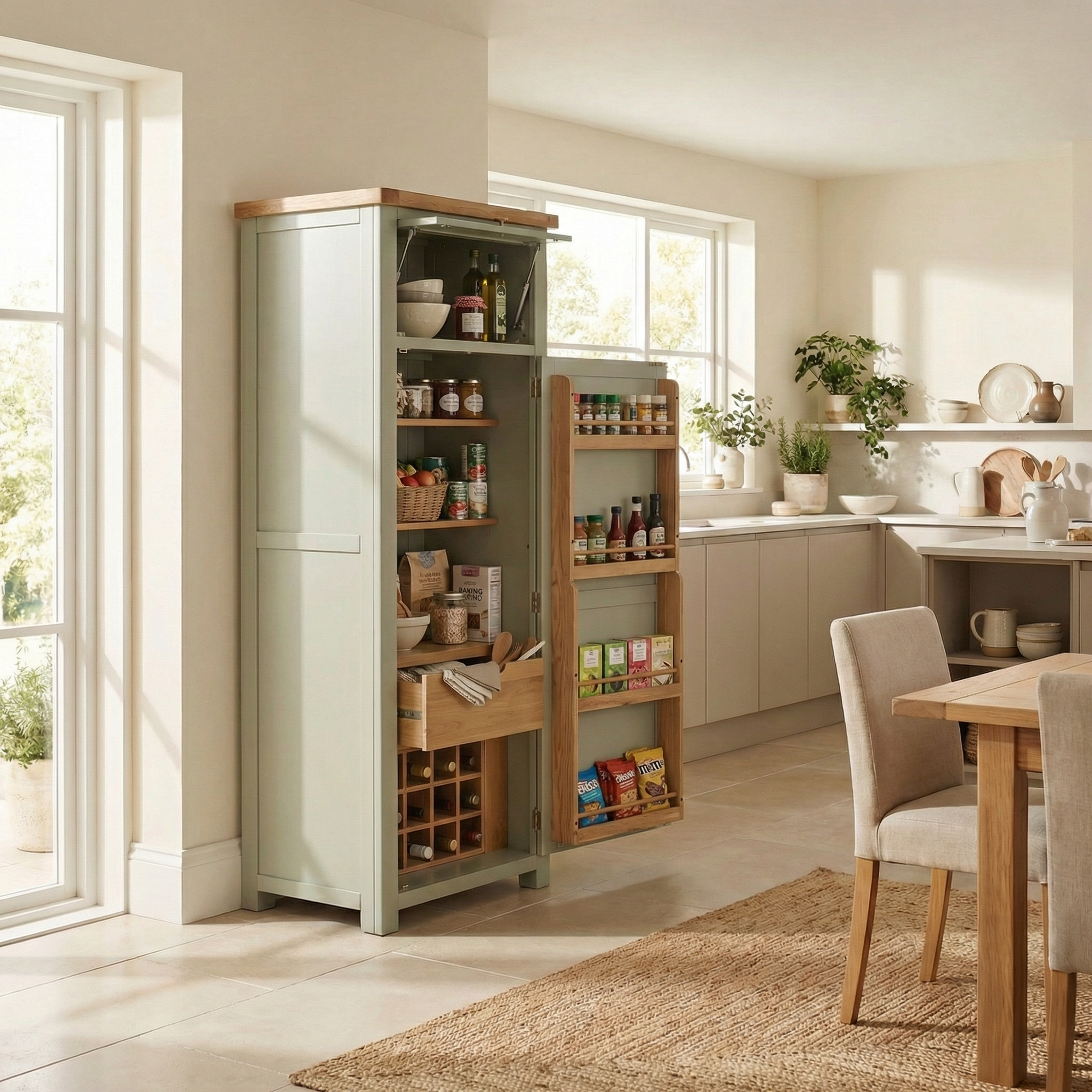 The Burford Single Larder Unit in Sage Green stands open in a bright kitchen, showcasing its shelves filled with food, wine, and kitchen essentials.