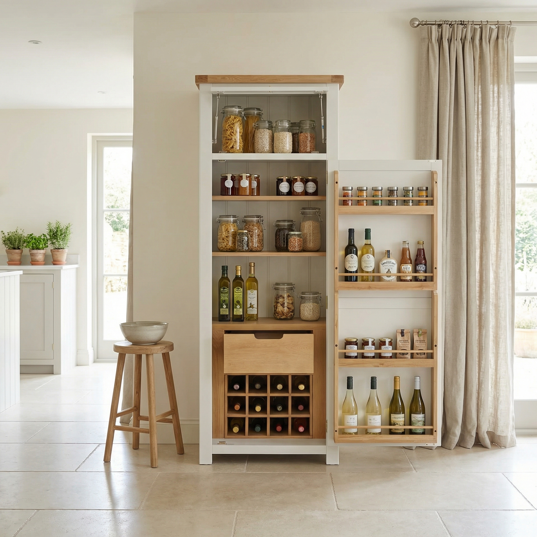 A Burford Single Larder Unit in Warm White stands open in a bright kitchen, its shelves neatly stocked with jars, wine, and condiments.