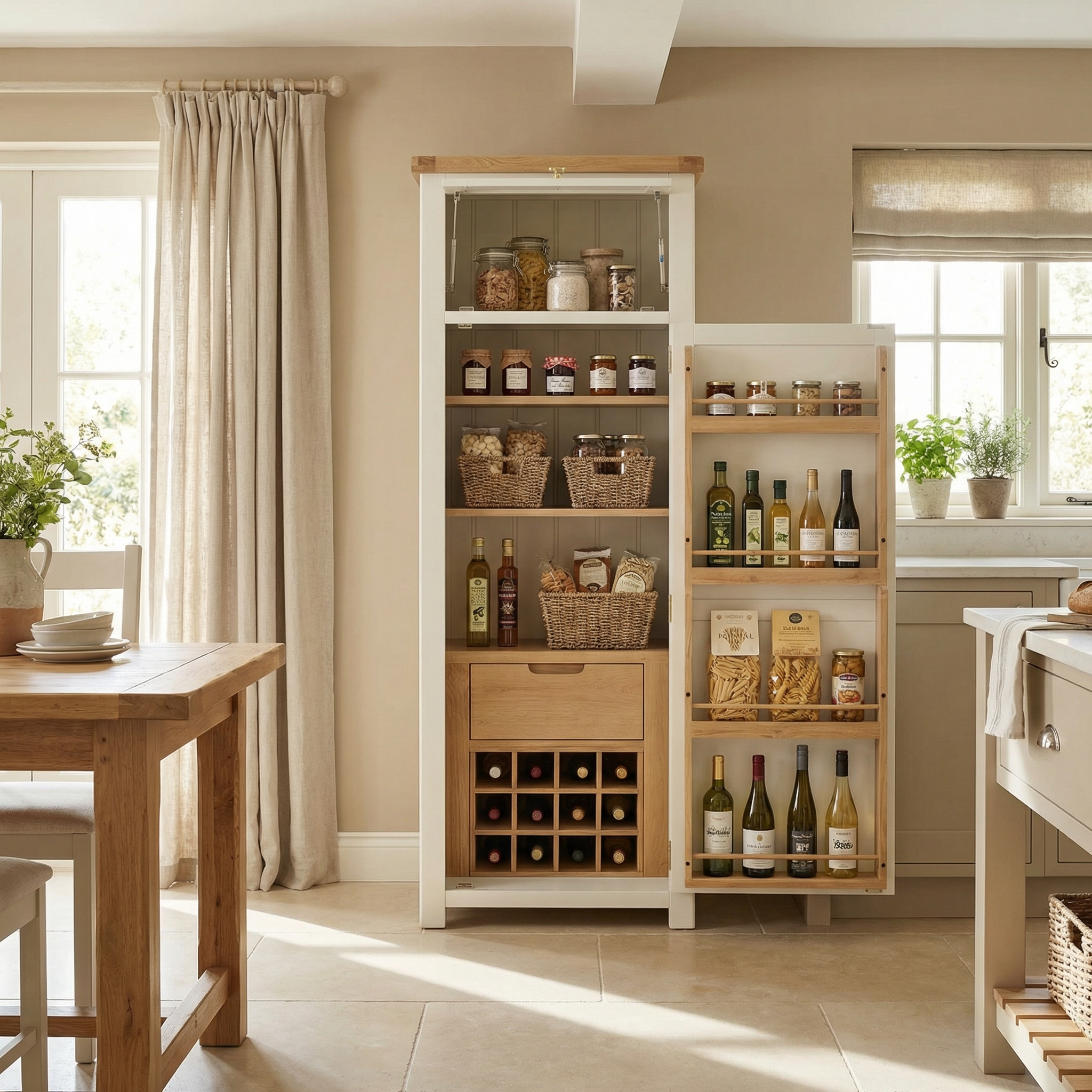 A Burford Single Larder Unit in Warm White organizes shelves of jars, baskets, wine bottles, and pasta beside a dining table and window.