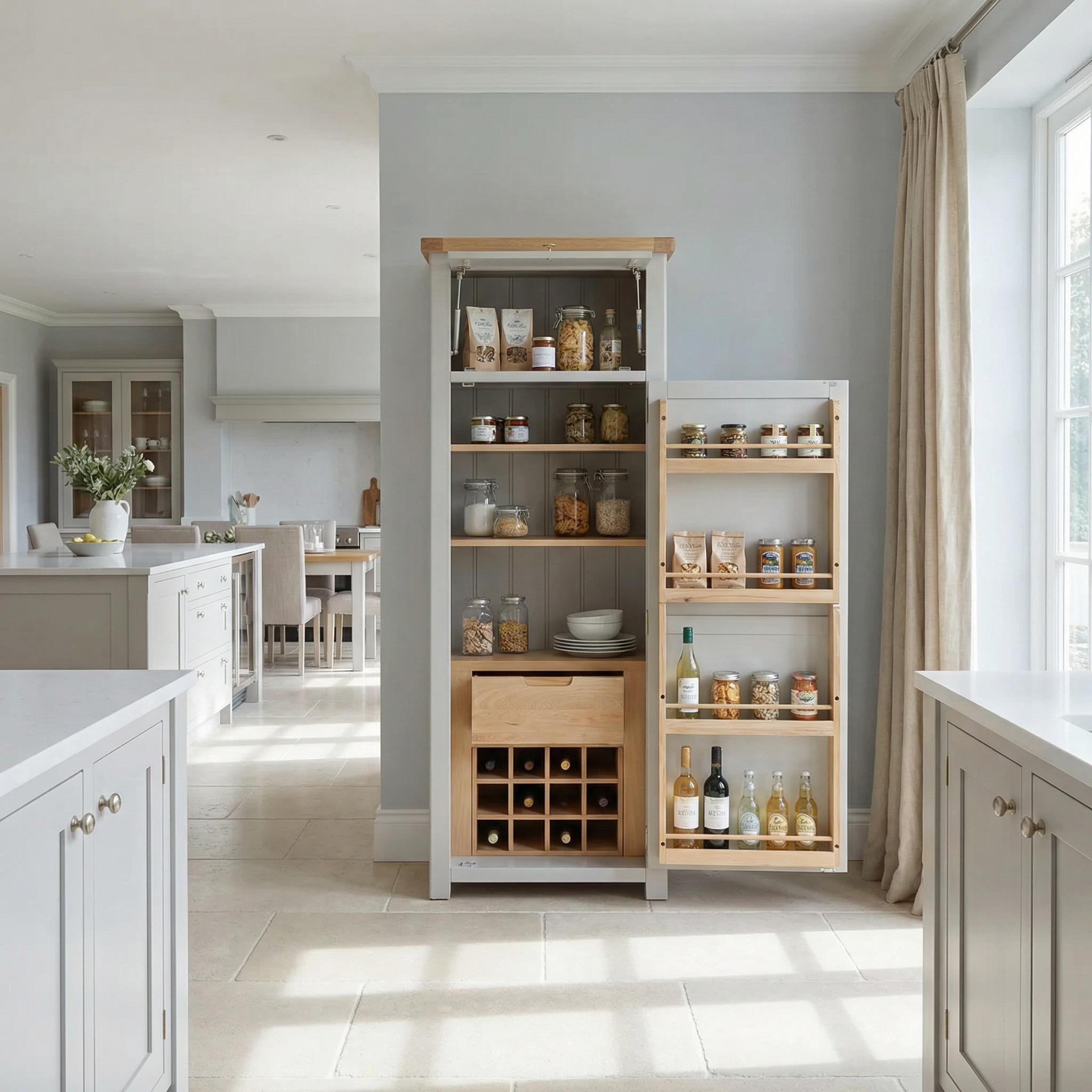 The Burford Single Larder Unit in Pebble Grey offers stylish kitchen storage with shelves for jars, bottles, and wine, complemented by natural oak accents beside light gray cabinets and large windows.