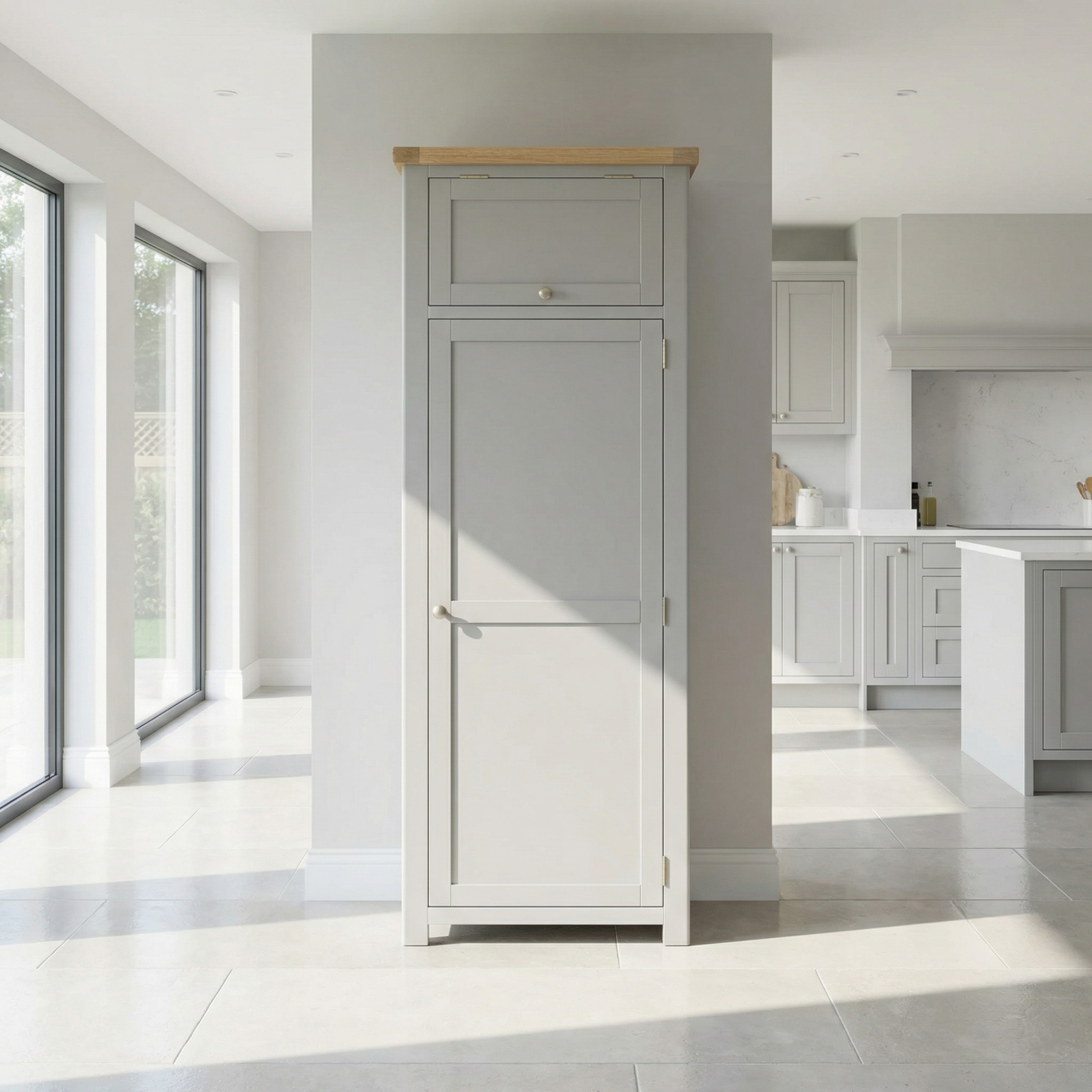 The Burford Single Larder Unit in Pebble Grey stands against a light wall in a bright, modern kitchen with large windows, providing elegant storage and featuring natural oak accents.