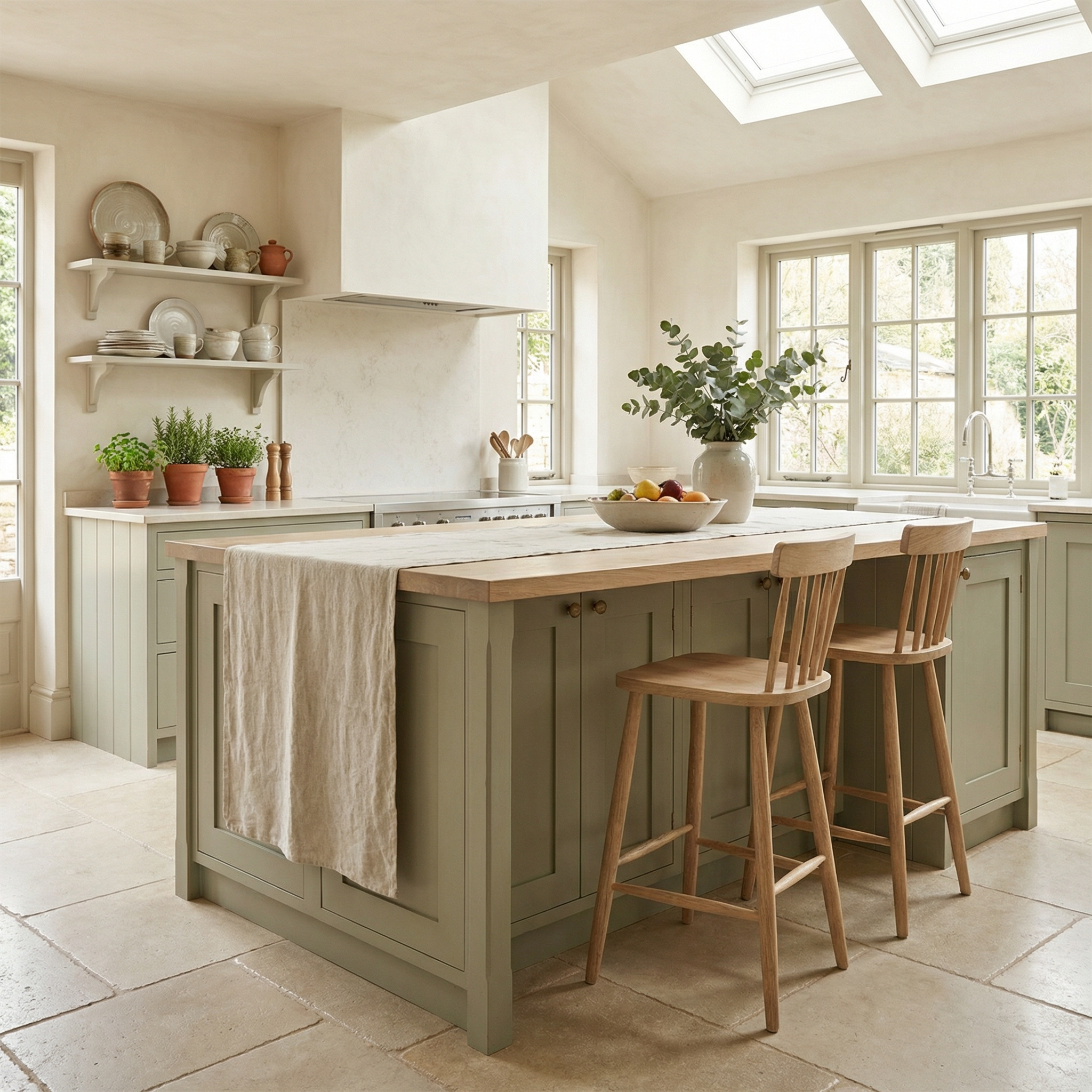 Bright, airy kitchen with green cabinets and sunlight streaming through large windows. The Burford Spindleback Bar Stool in Natural Oak adds warmth and style, making it the perfect kitchen island stool.