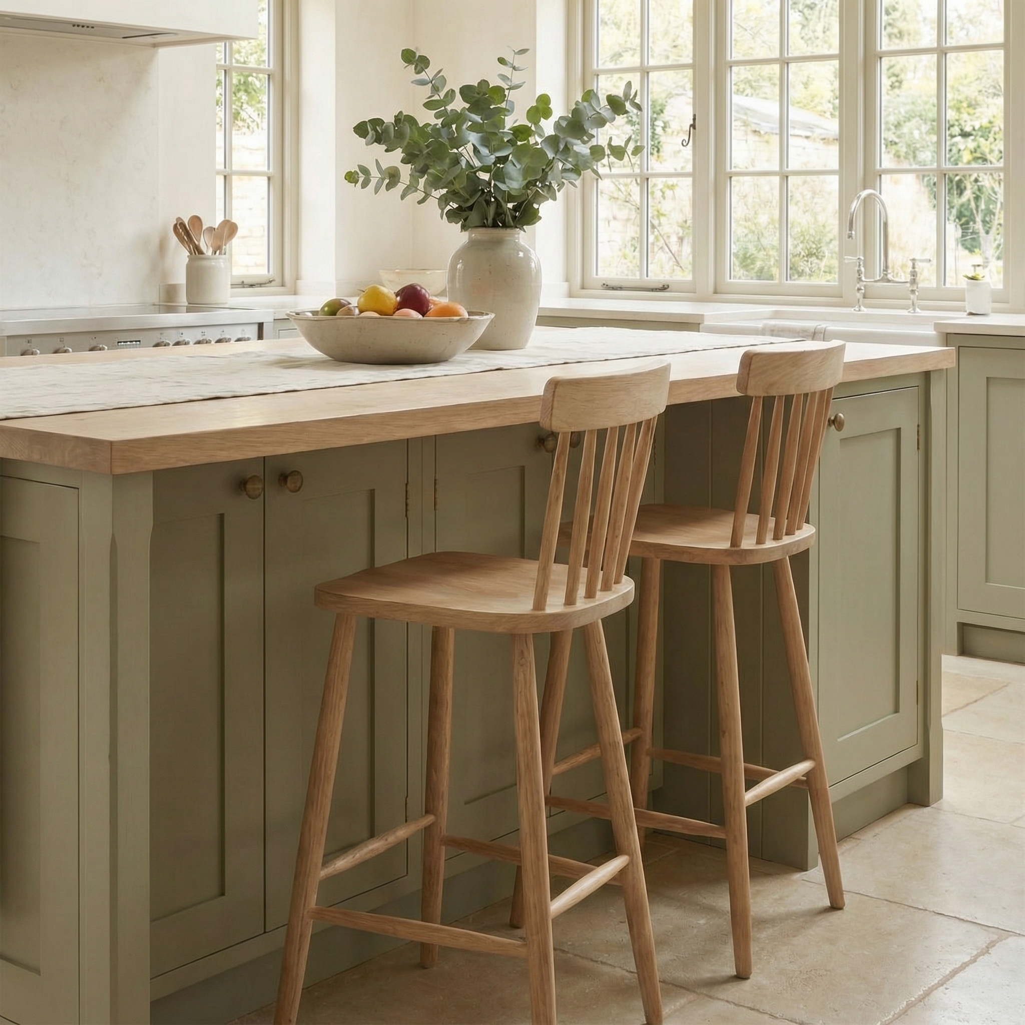 Kitchen with green cabinets, a Burford Spindleback Bar Stool in Natural Oak, wood stools, a vase with greenery, and a bowl of fruit on the island.