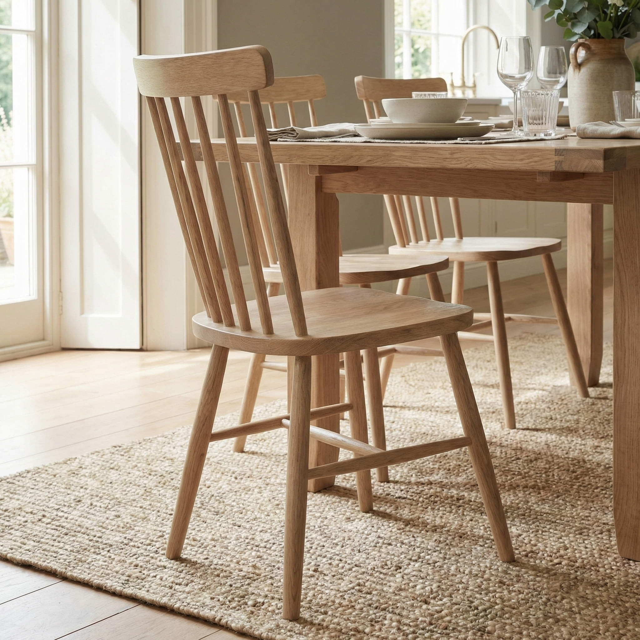 A wooden table pairs with the Burford Set of 2 Spindleback Dining Chairs in Natural Oak, arranged on a woven rug in a sunlit dining room.