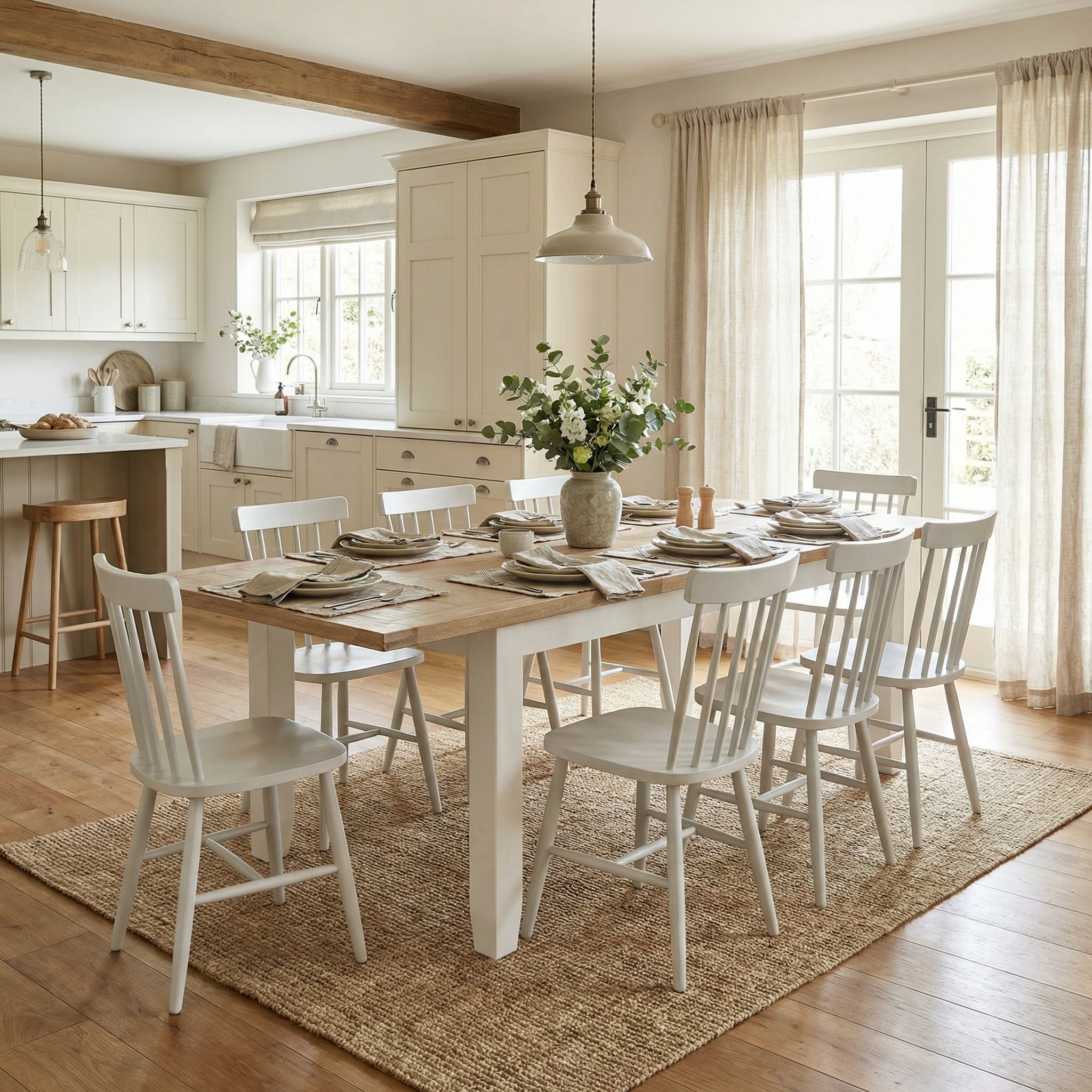 A bright, cozy dining room with a wooden table and the Burford Set of 2 Spindleback Dining Chairs in Warm White, with natural light streaming through large windows.